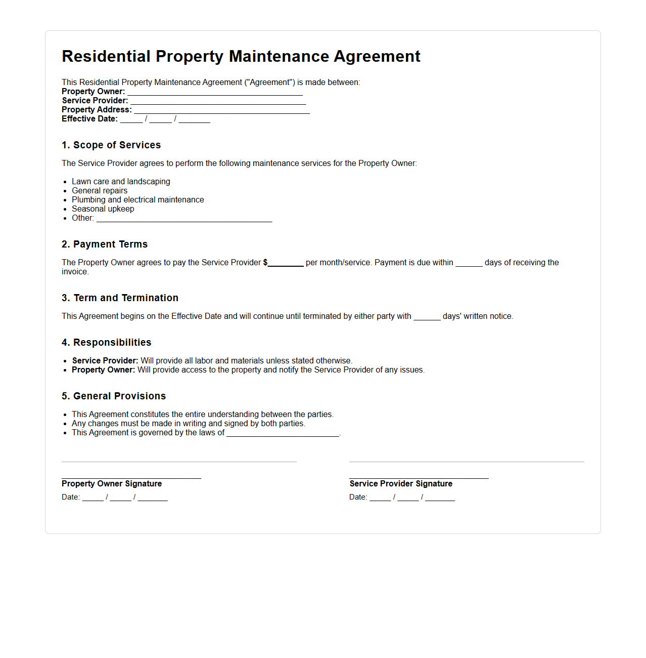 Residential Property Maintenance Agreement Template