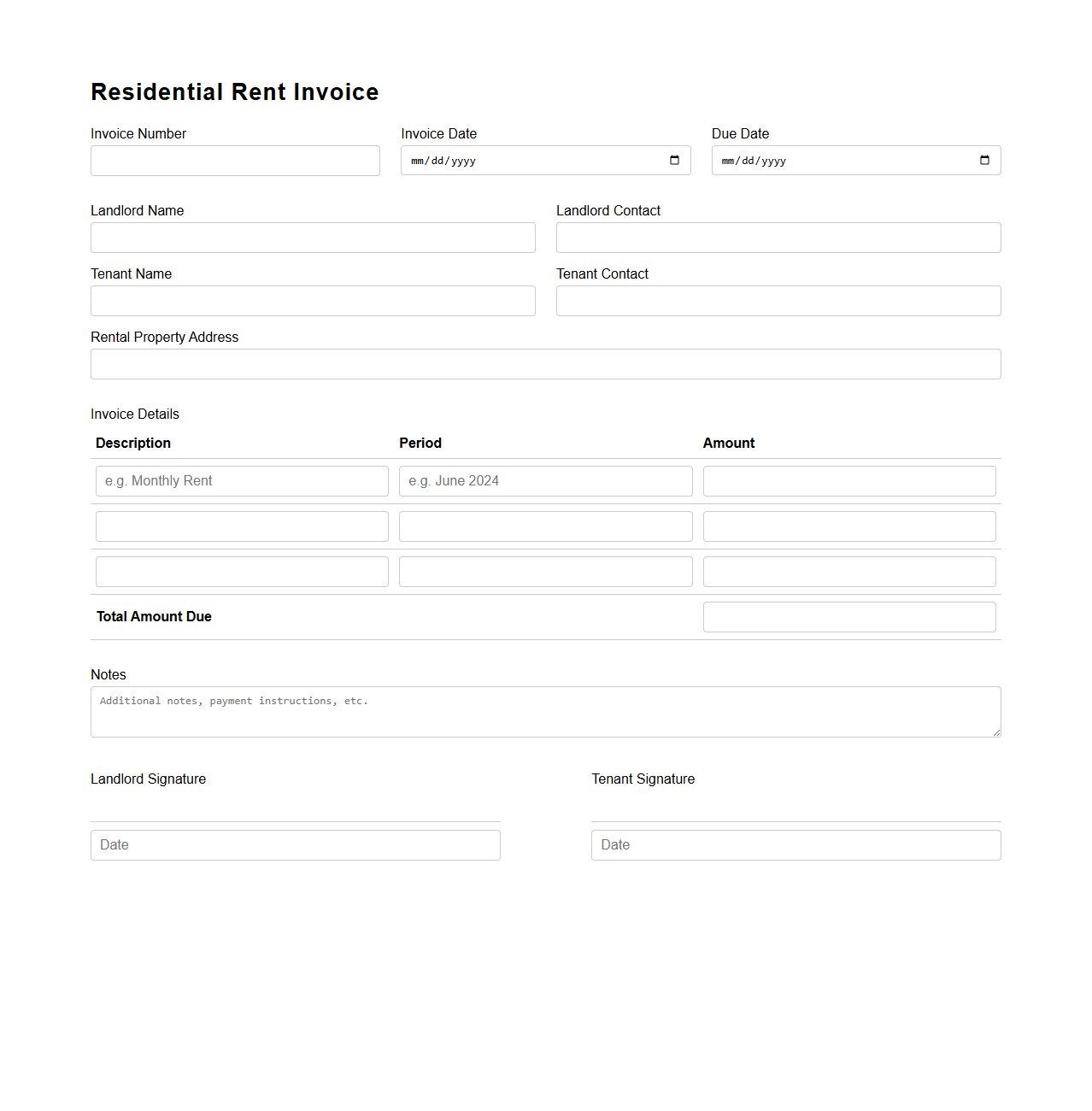 Residential Rent Invoice Blank Form