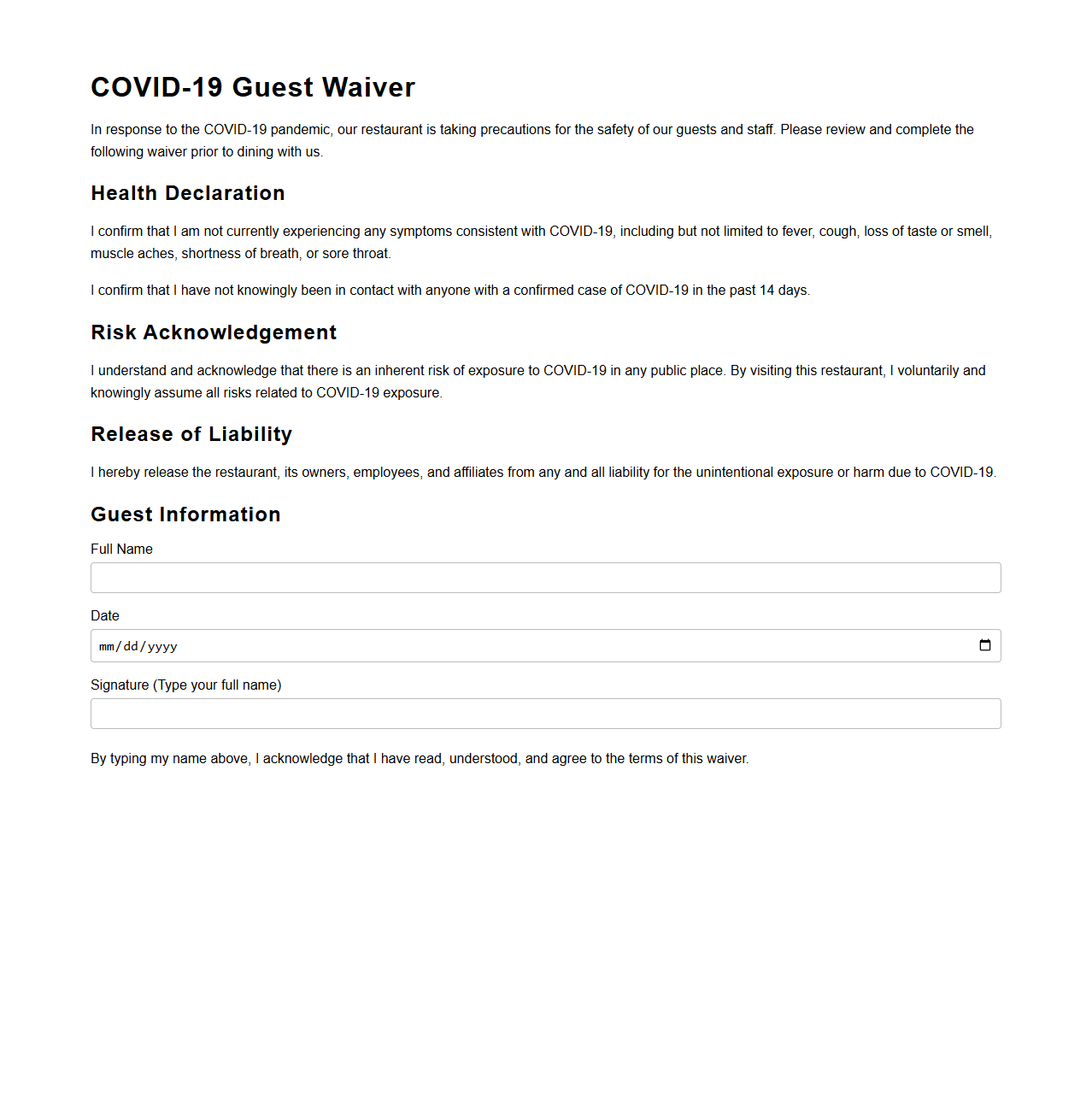 Restaurant COVID-19 Guest Waiver Template