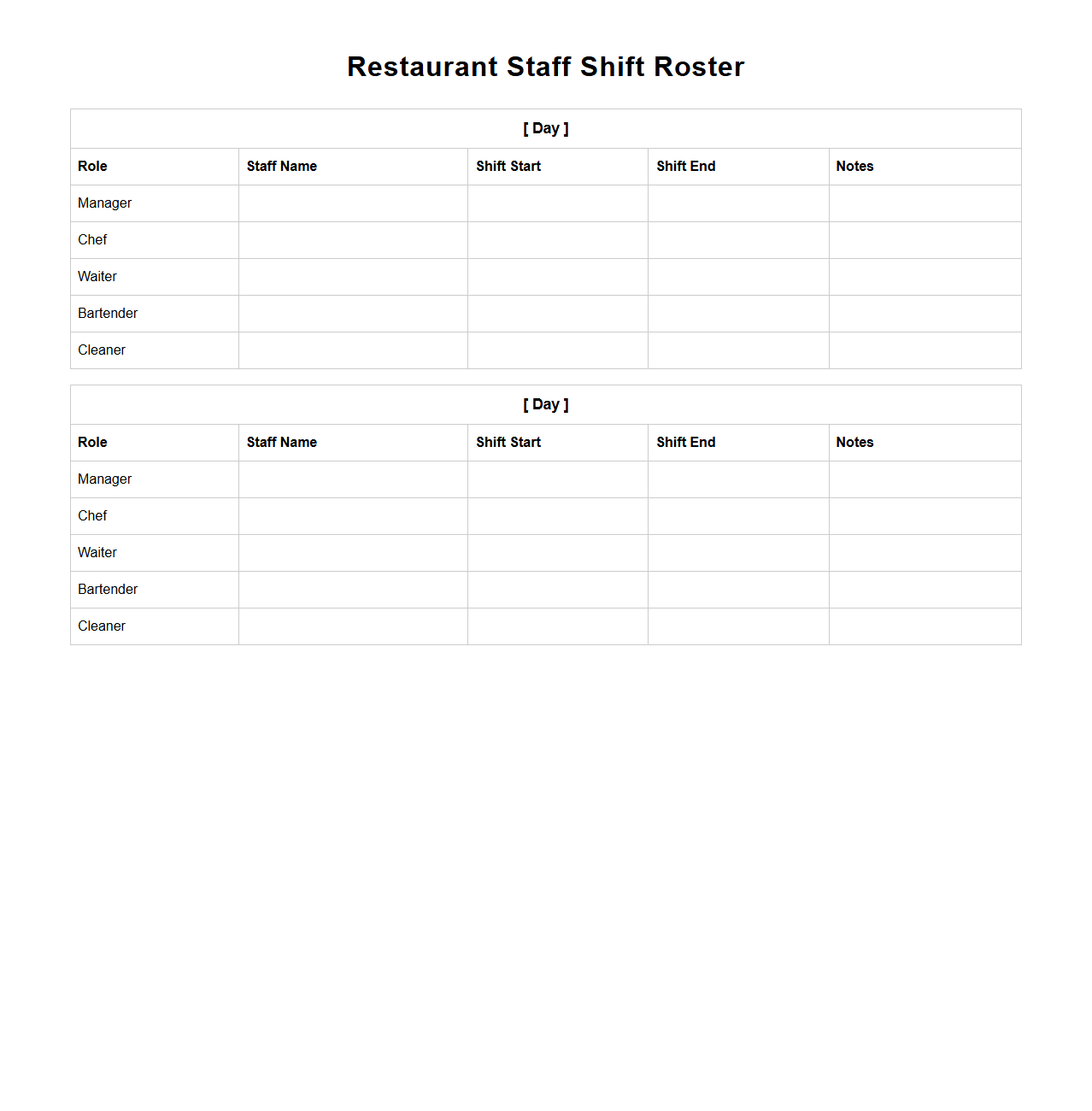 Restaurant Staff Shift Roster Template