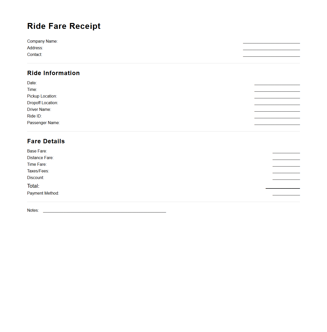 Ride Fare Receipt Template for Transportation Companies