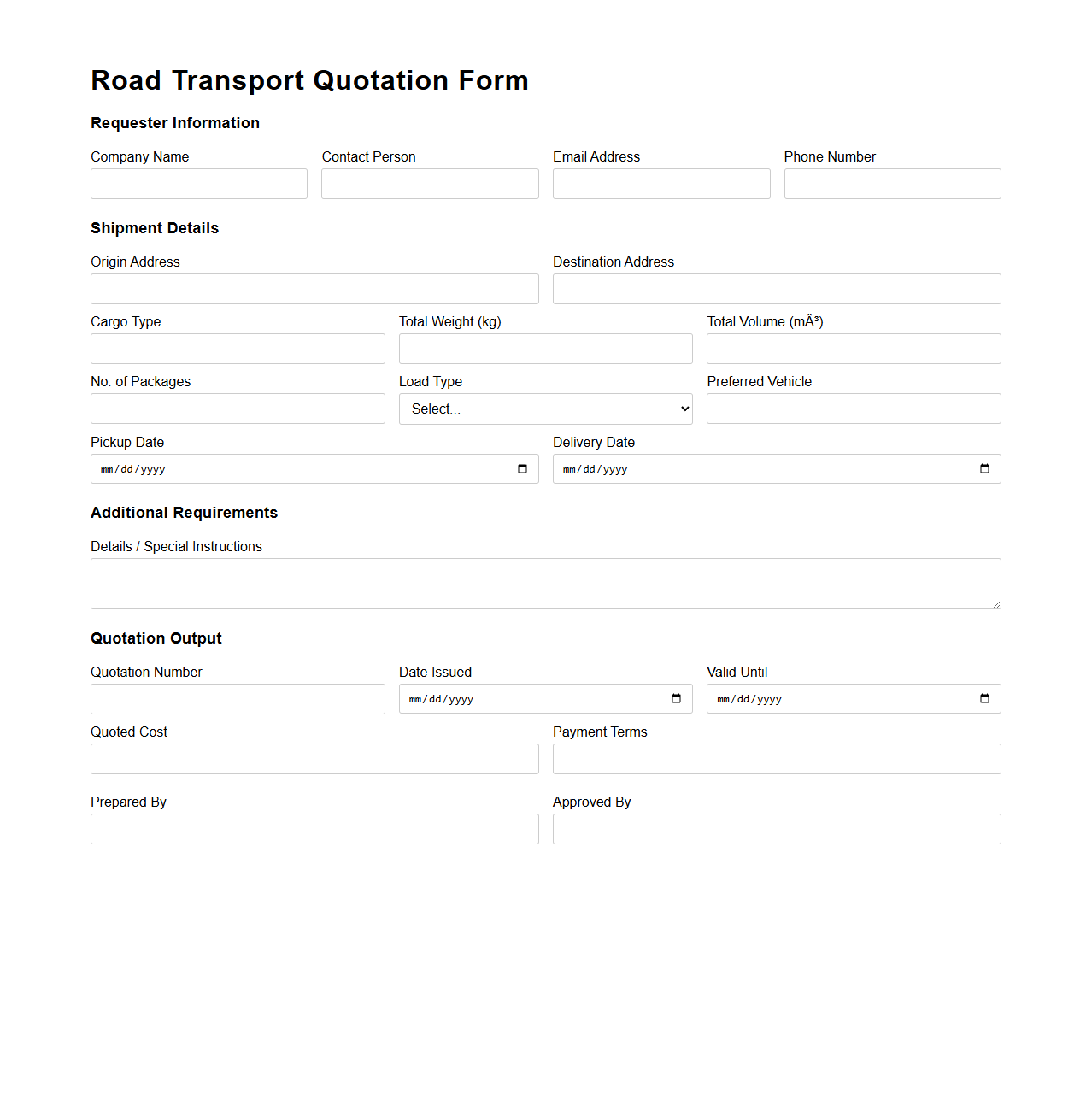 Road Transport Quotation Form for Logistics
