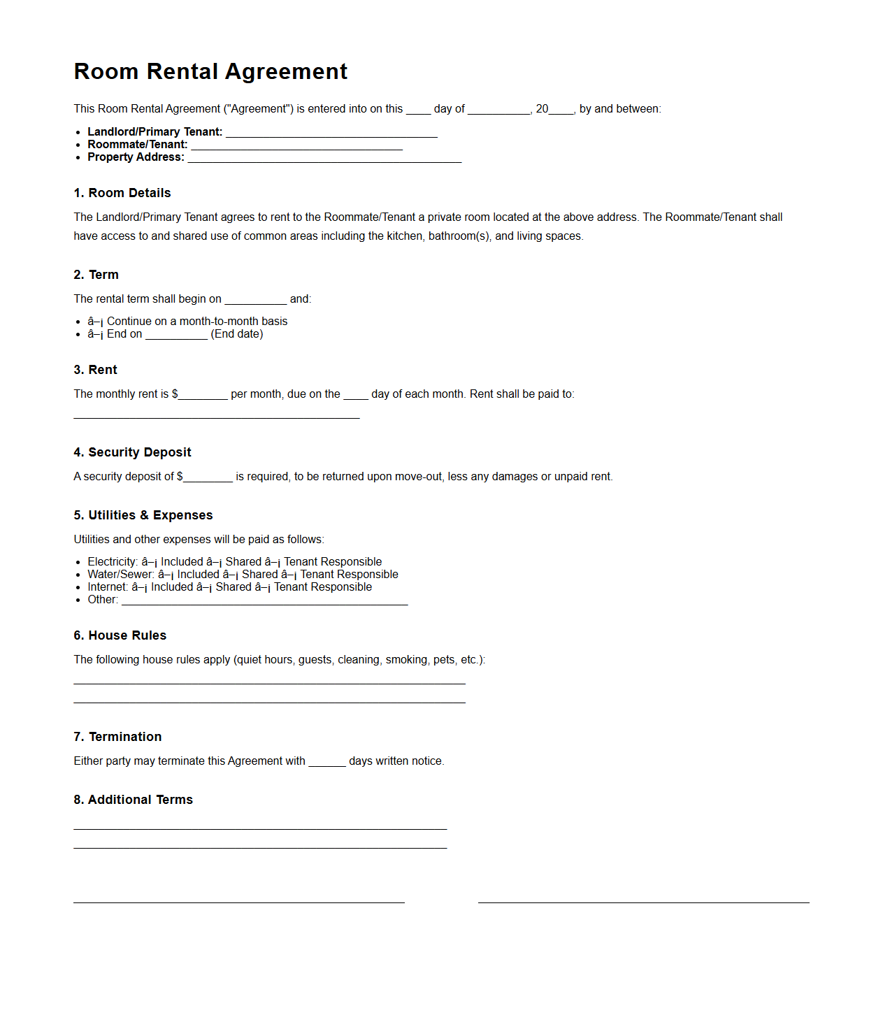 Room Rental Agreement Template for Shared Housing