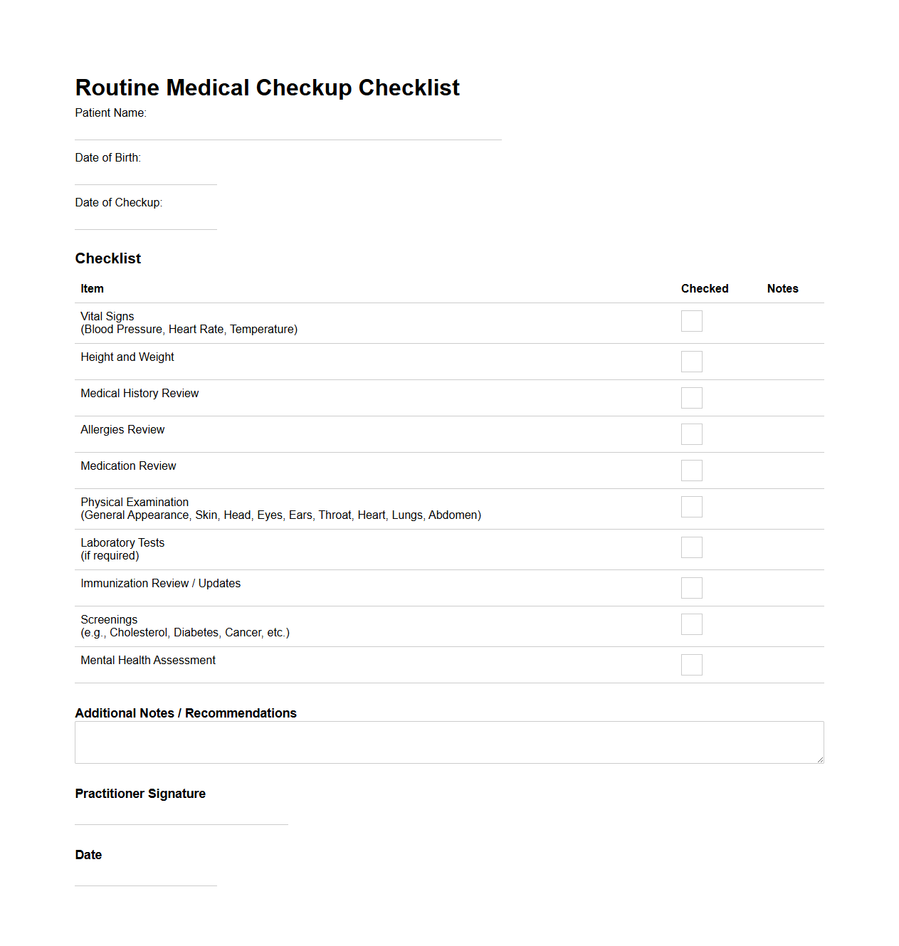 Routine Medical Checkup Checklist Template
