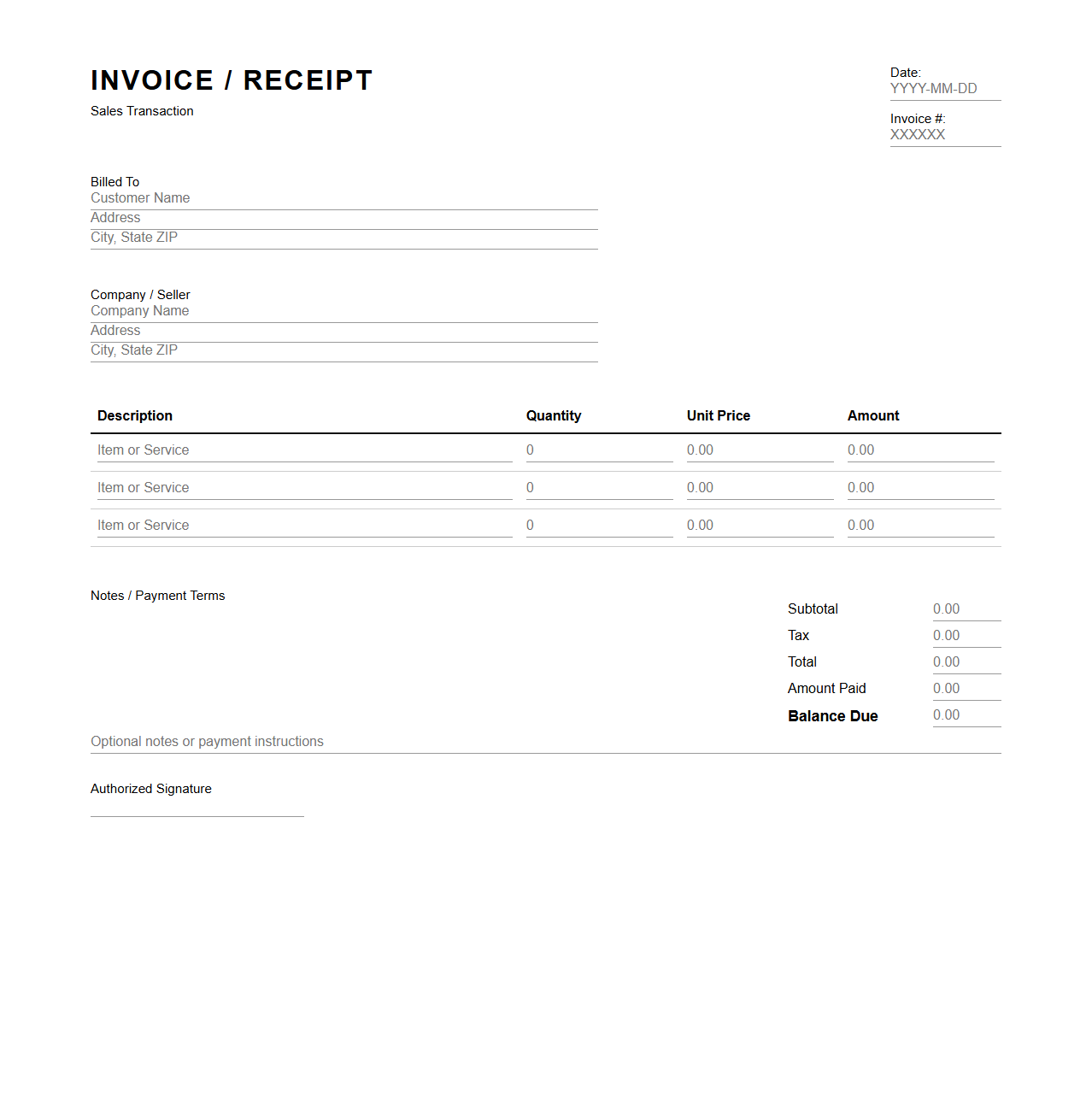 Sales Transaction Blank Invoice Receipt Template