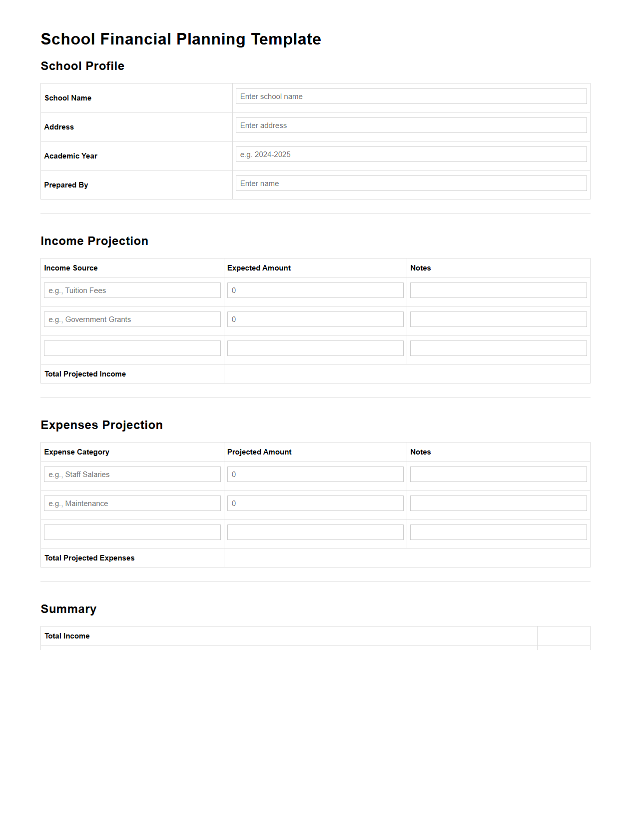 School Financial Planning Template