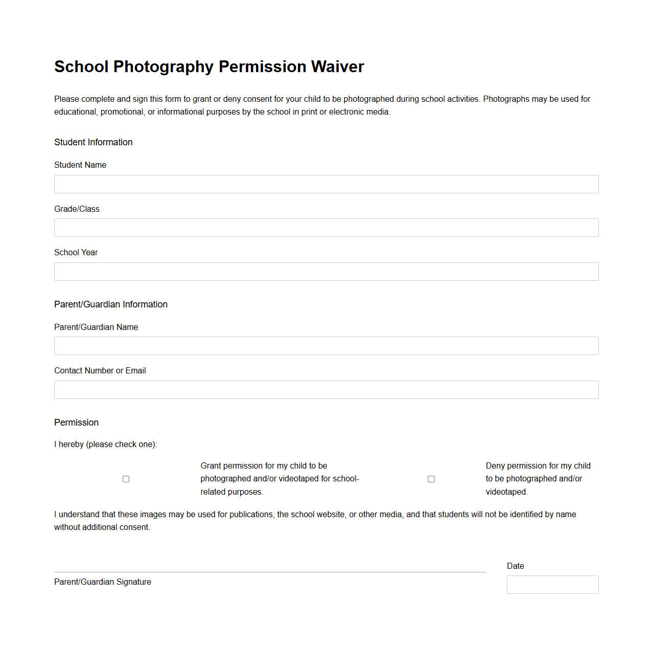 School Photography Permission Waiver Template