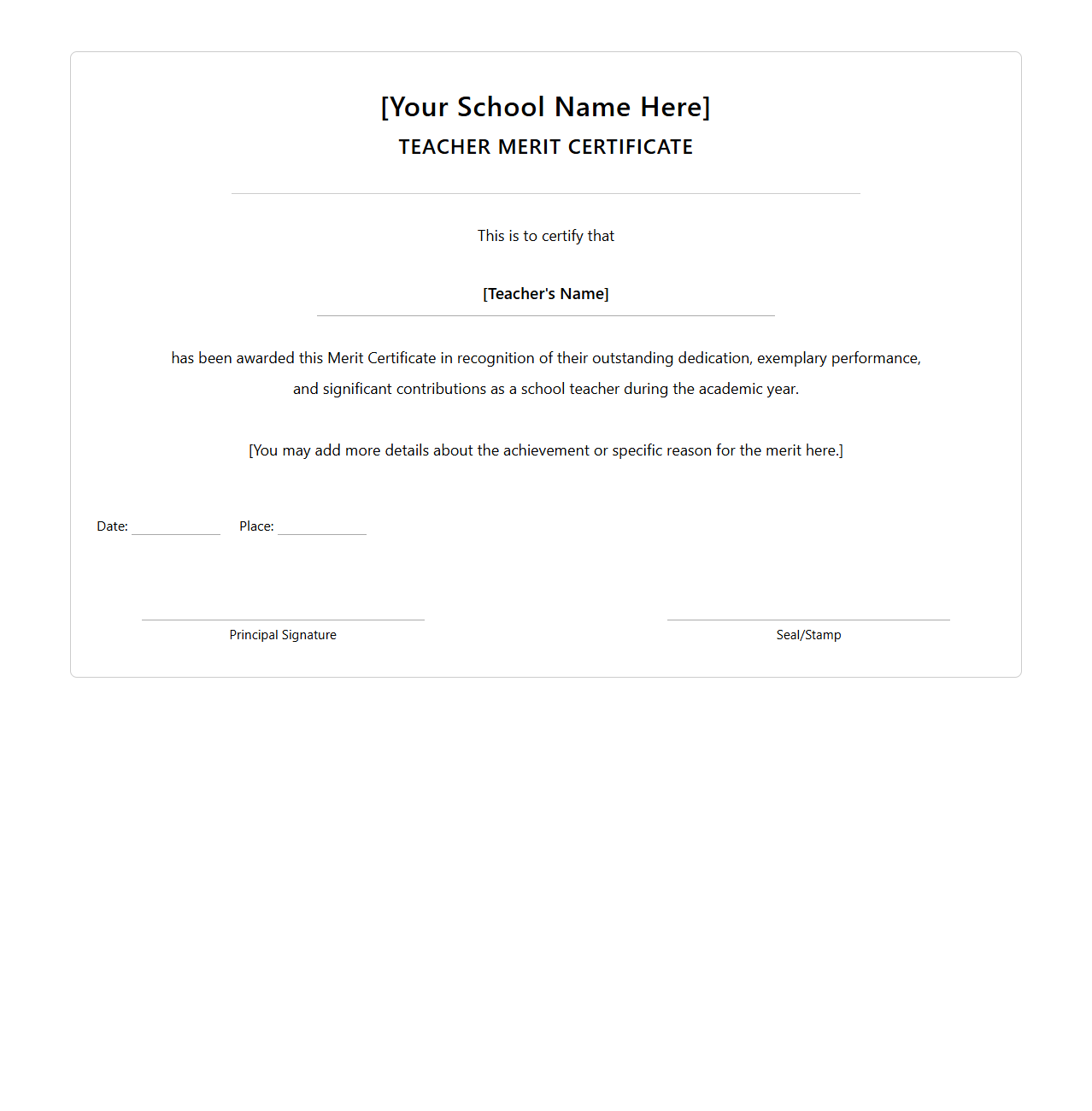 School Teacher Merit Certificate Template