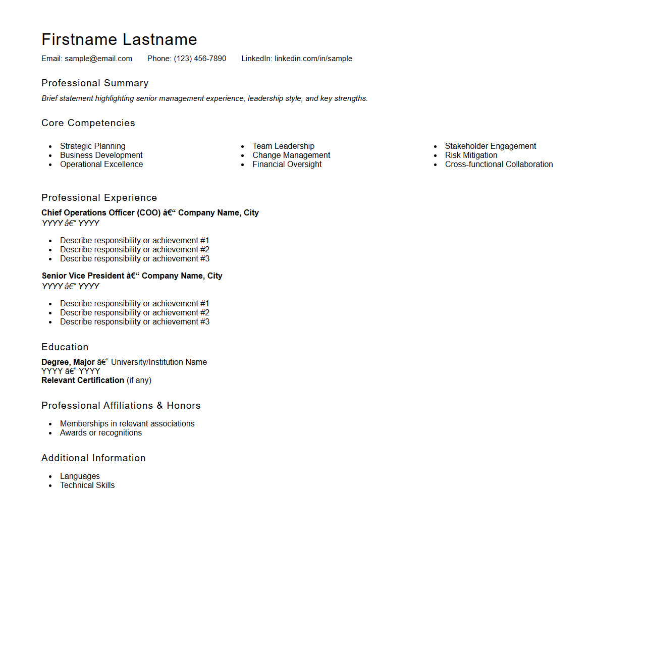Senior Management Resume Framework