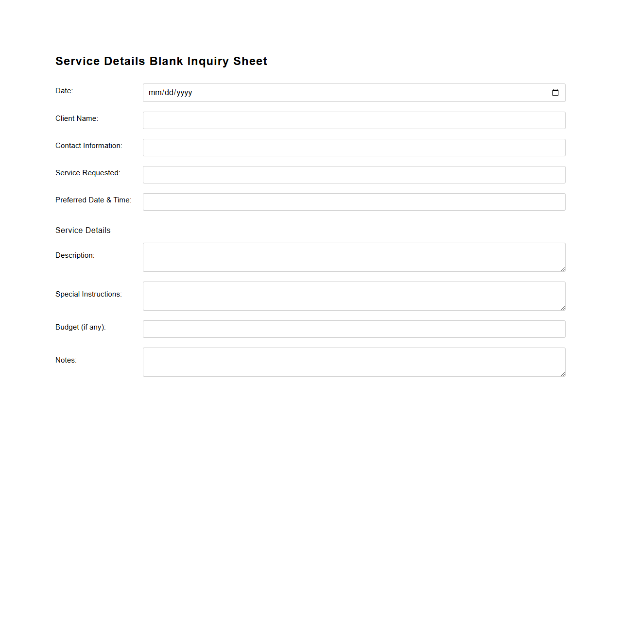Service Details Blank Inquiry Sheet