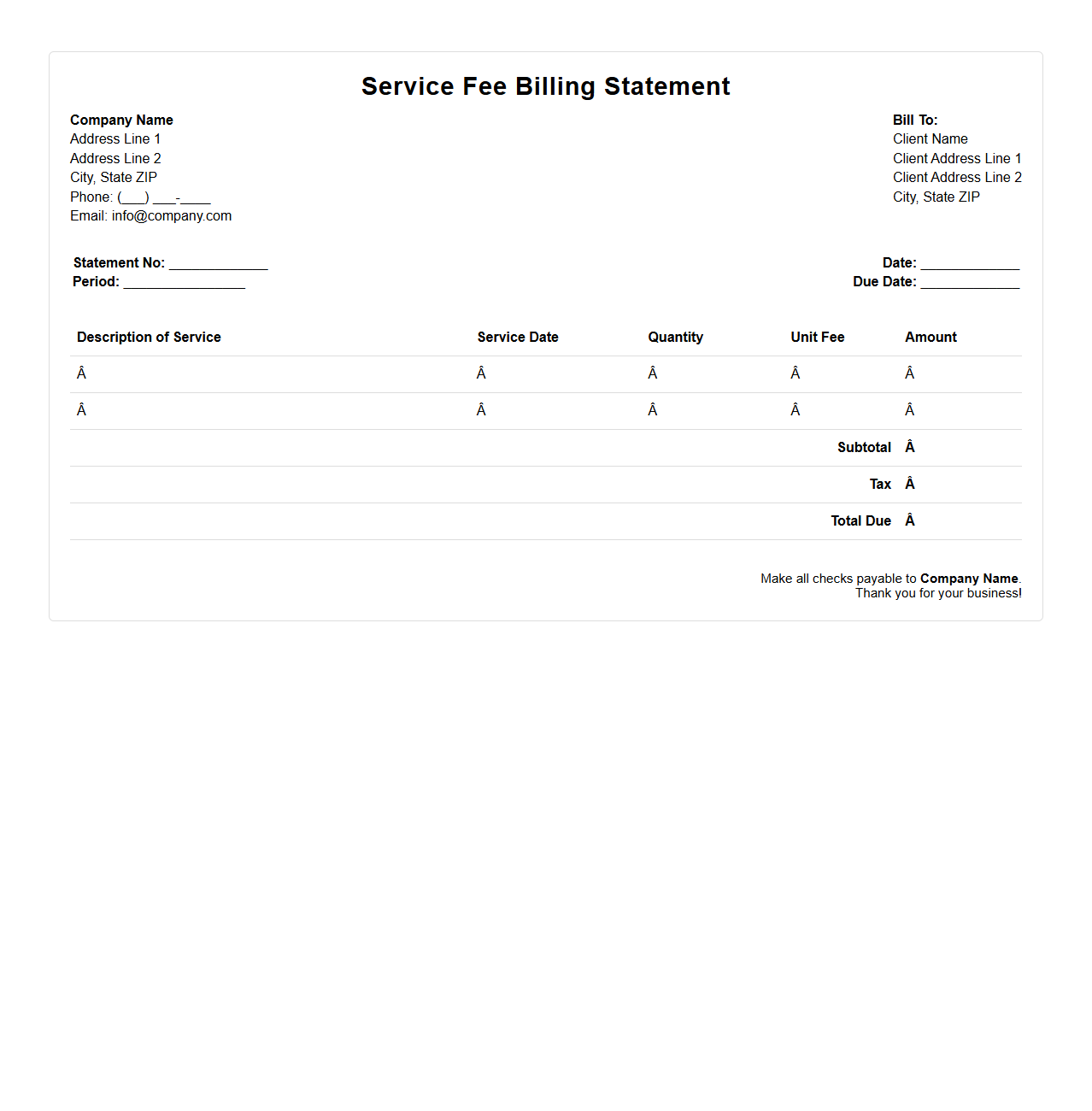 Service Fee Billing Statement Template