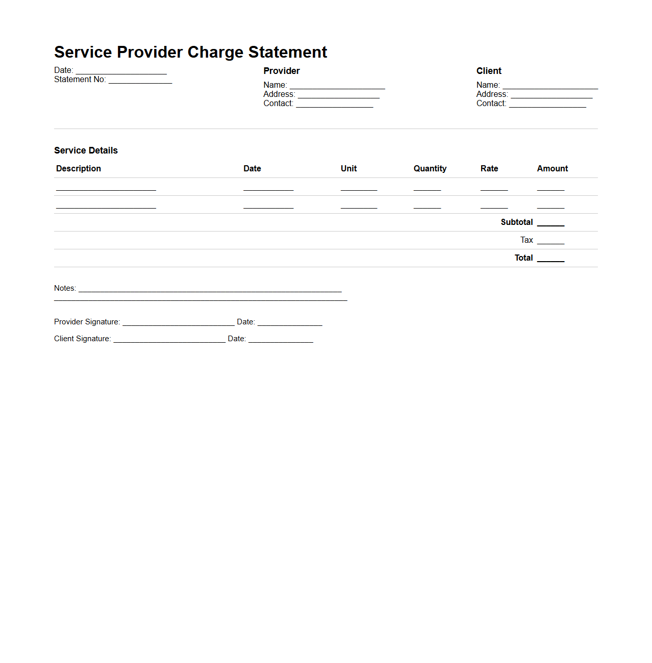 Service Provider Charge Statement Layout