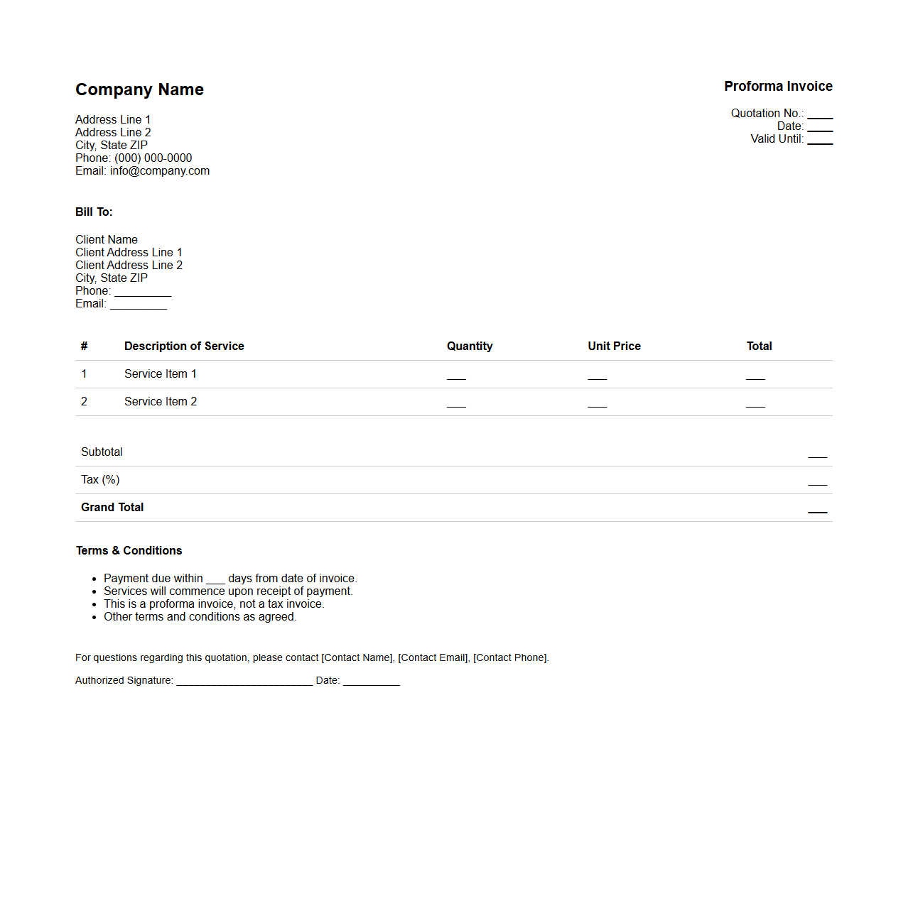Service Quotation Proforma Invoice Sample