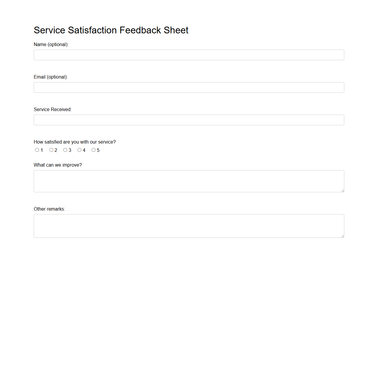 Service Satisfaction Feedback Sheet