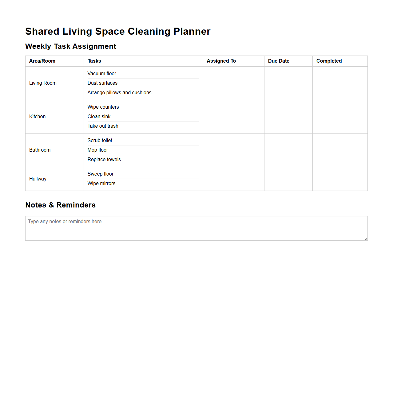 Shared Living Space Cleaning Planner
