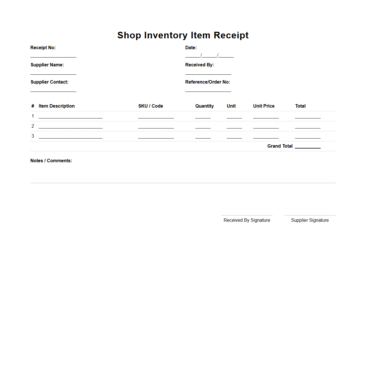 Shop Inventory Item Receipt Template