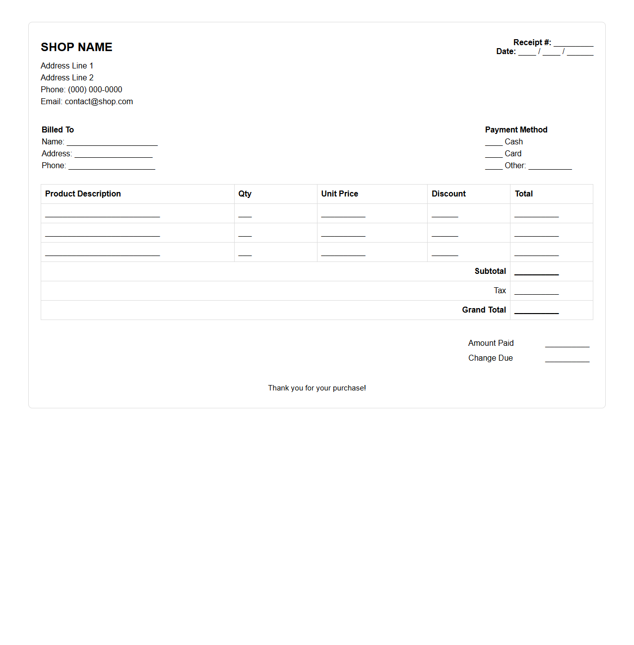Shop Transaction Receipt Template for Products