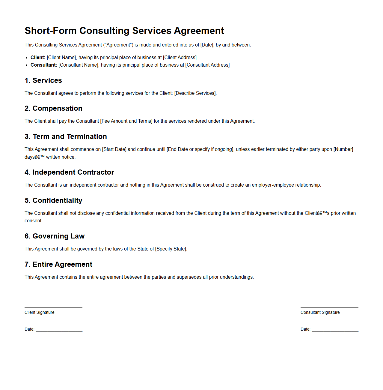 Short-Form Consulting Services Agreement Template