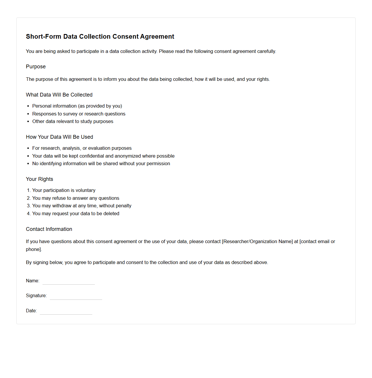 Short-Form Data Collection Consent Agreement