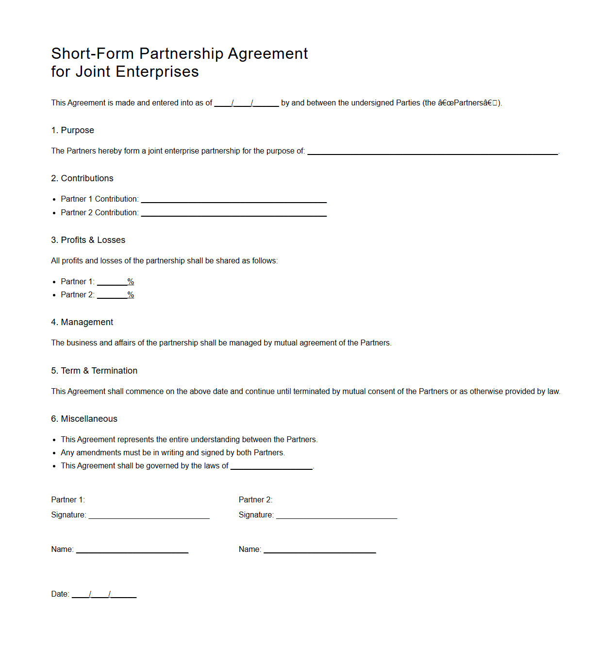 Short-Form Partnership Agreement for Joint Enterprises