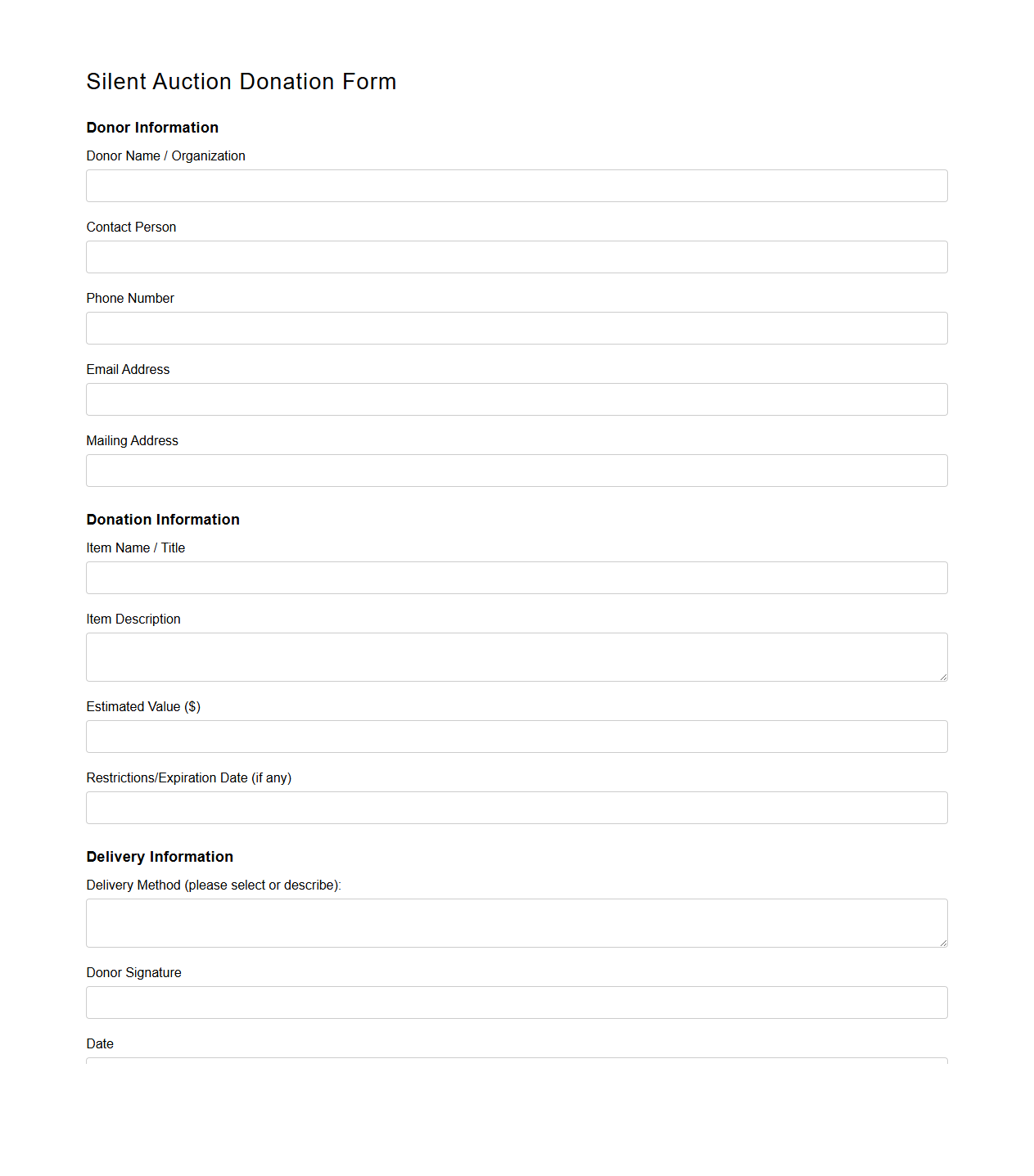 Silent Auction Donation Blank Form