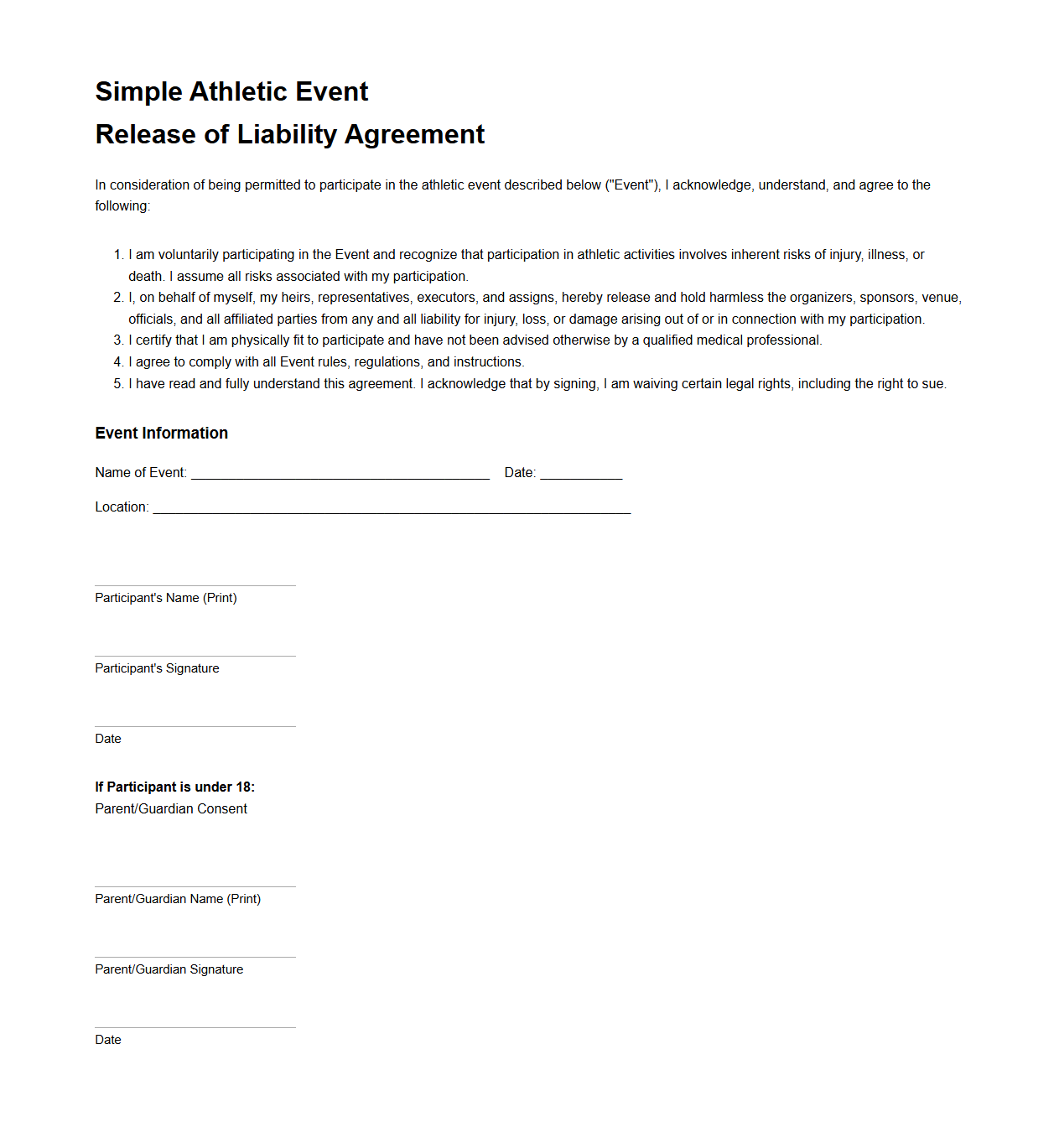 Simple Athletic Event Release of Liability Agreement