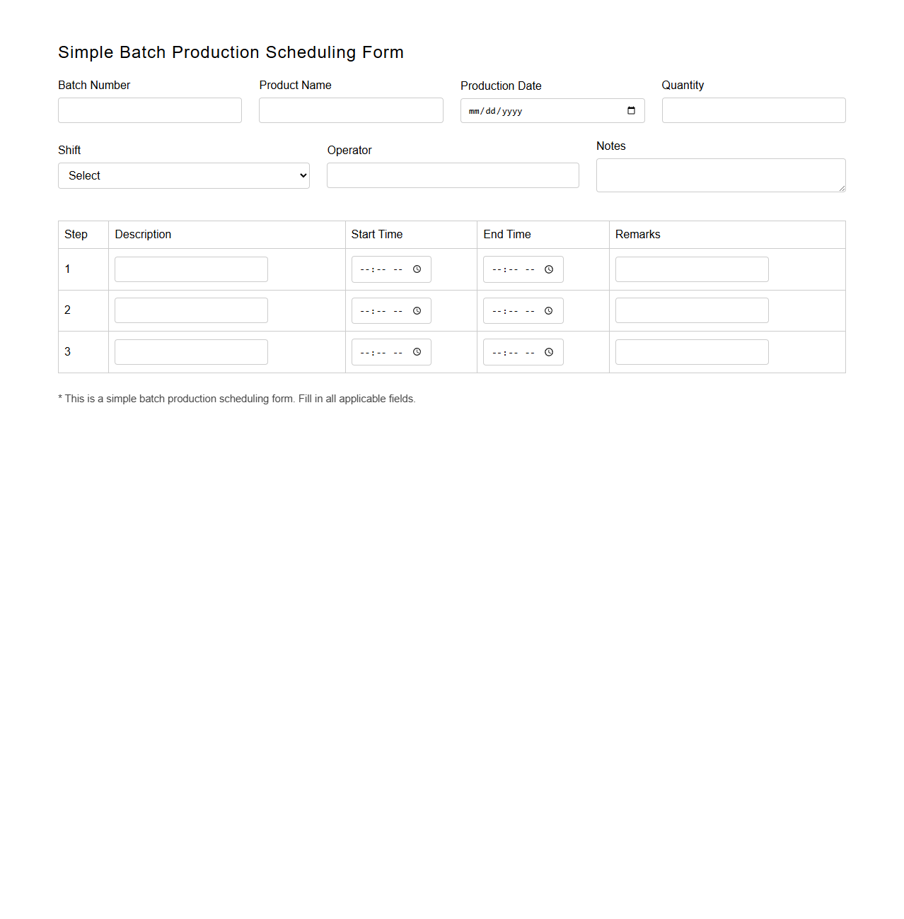 Simple Batch Production Scheduling Form