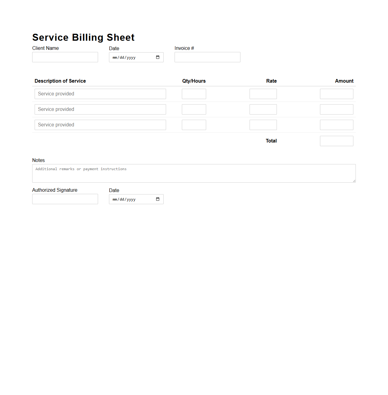 Simple Blank Service Billing Sheet