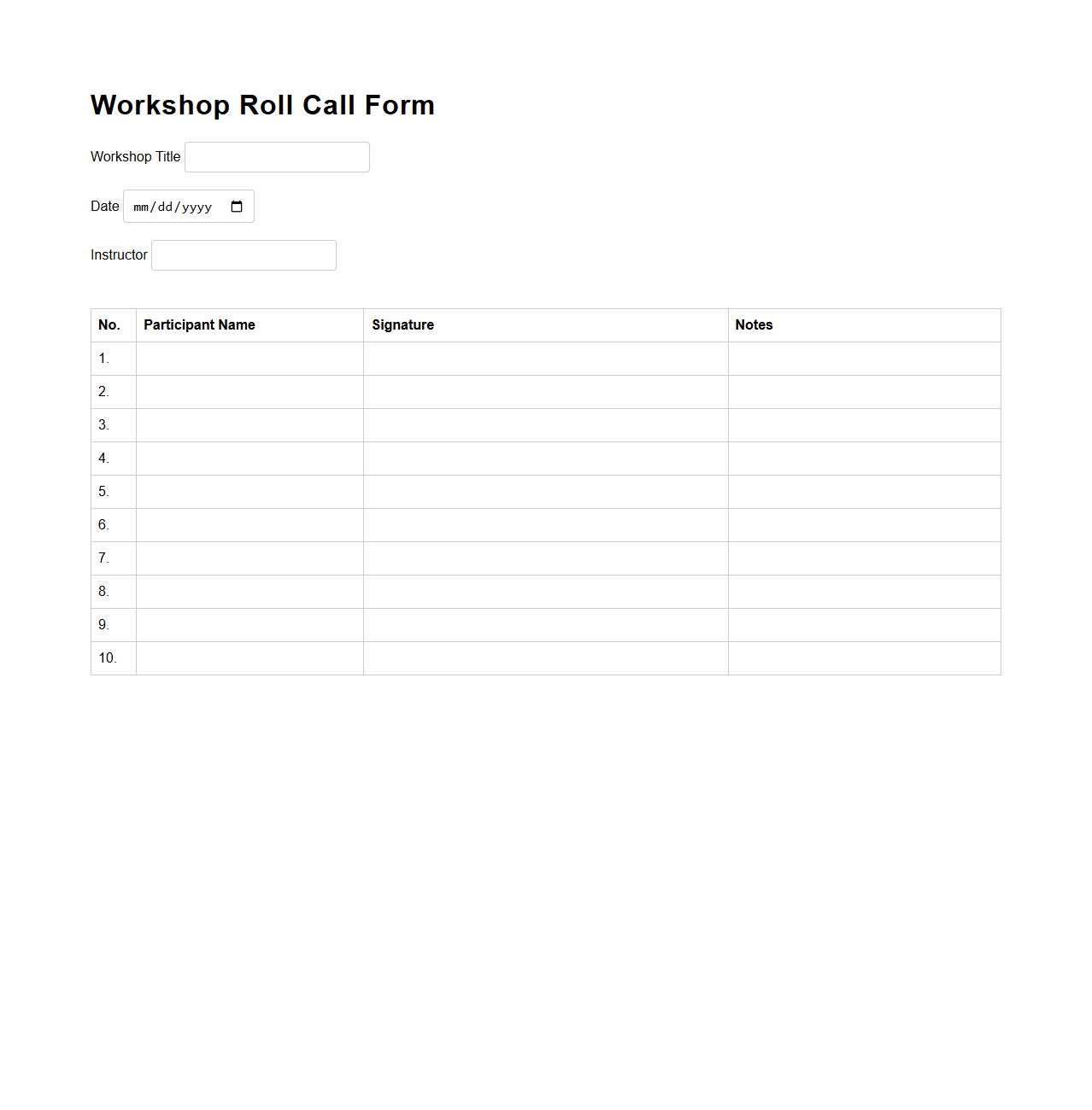 Simple Blank Workshop Roll Call Form