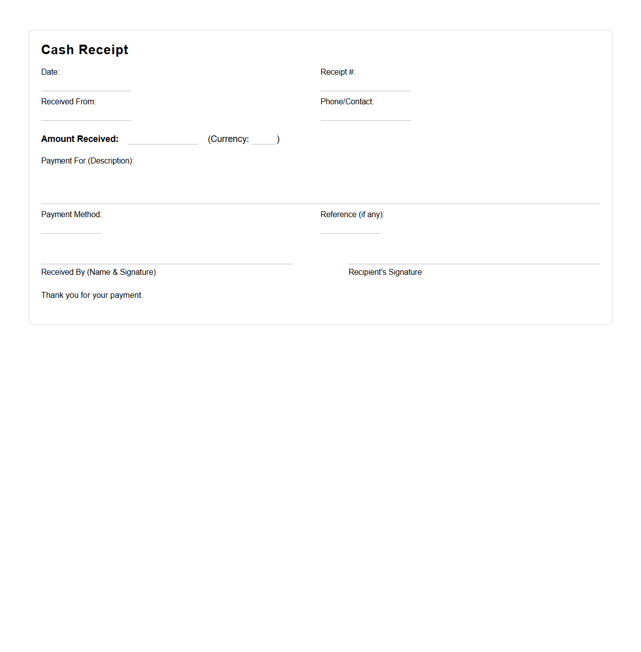Simple Cash Receipt Template for Face-to-Face Transactions