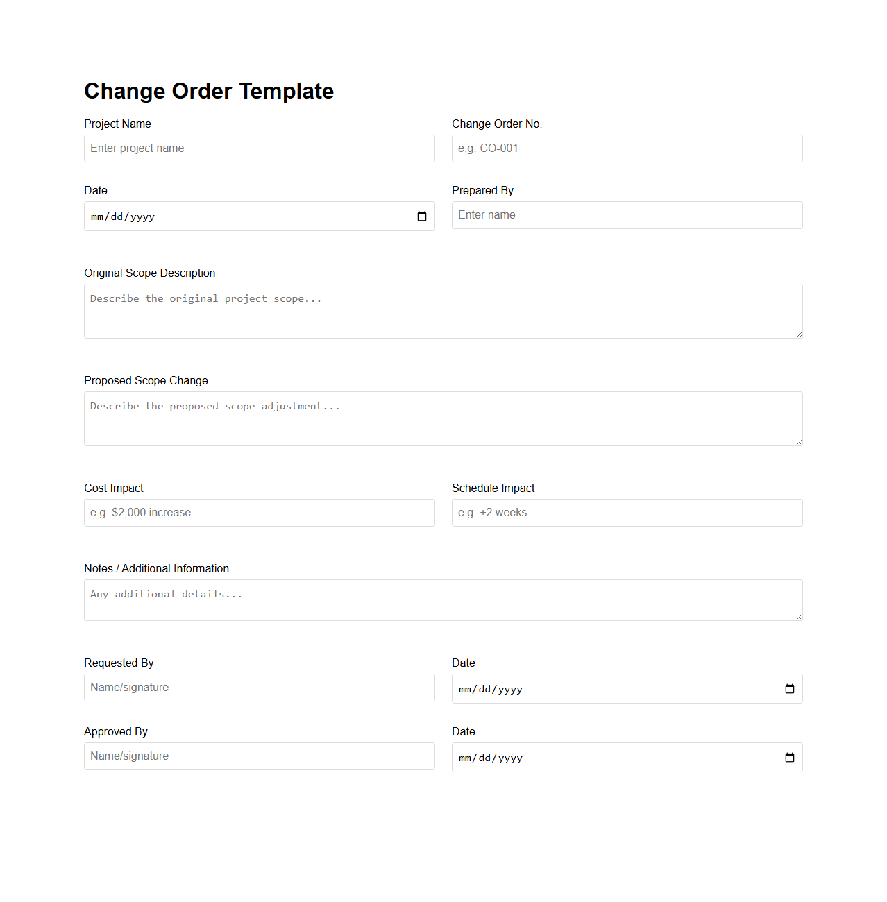 Simple Change Order Template for Project Scope Adjustments