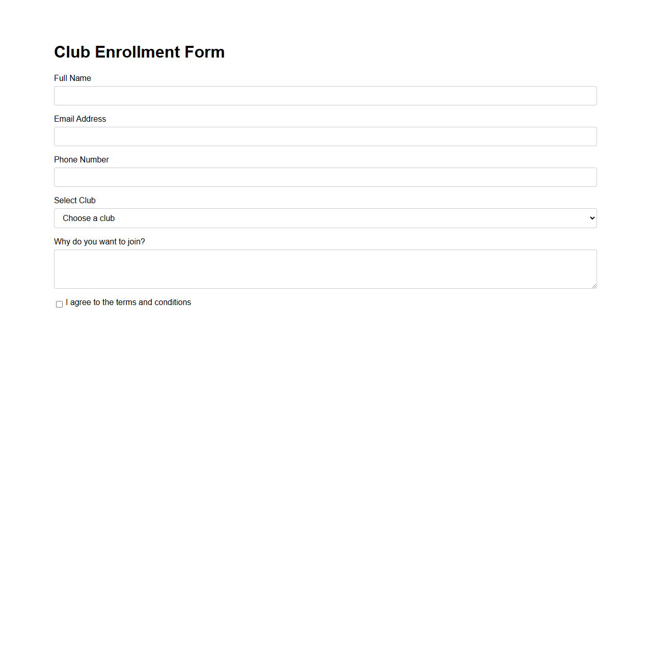 Simple Club Enrollment Form Template