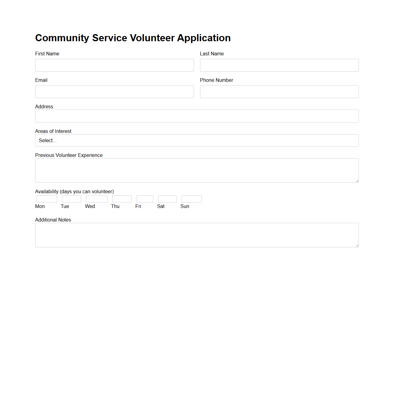 Simple Community Service Volunteer Application Form