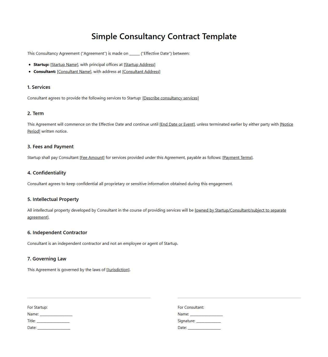 Simple Consultancy Contract Template for Startups