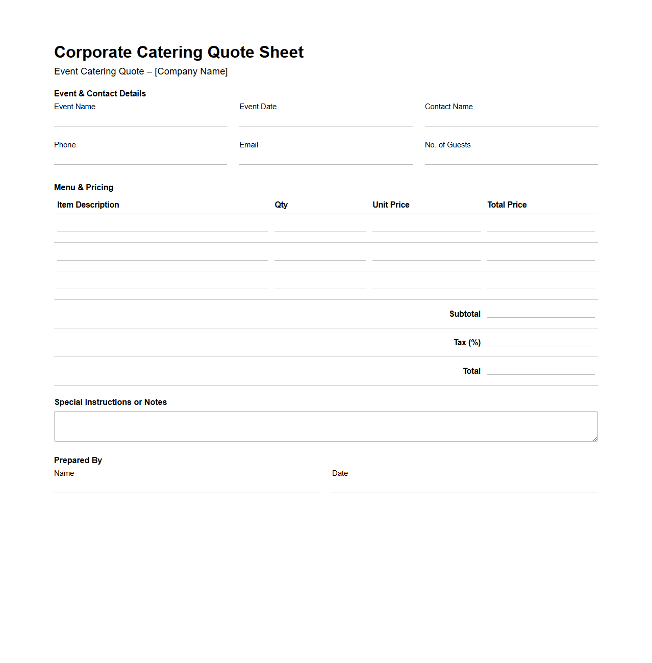 Simple Corporate Catering Quote Sheet for Events