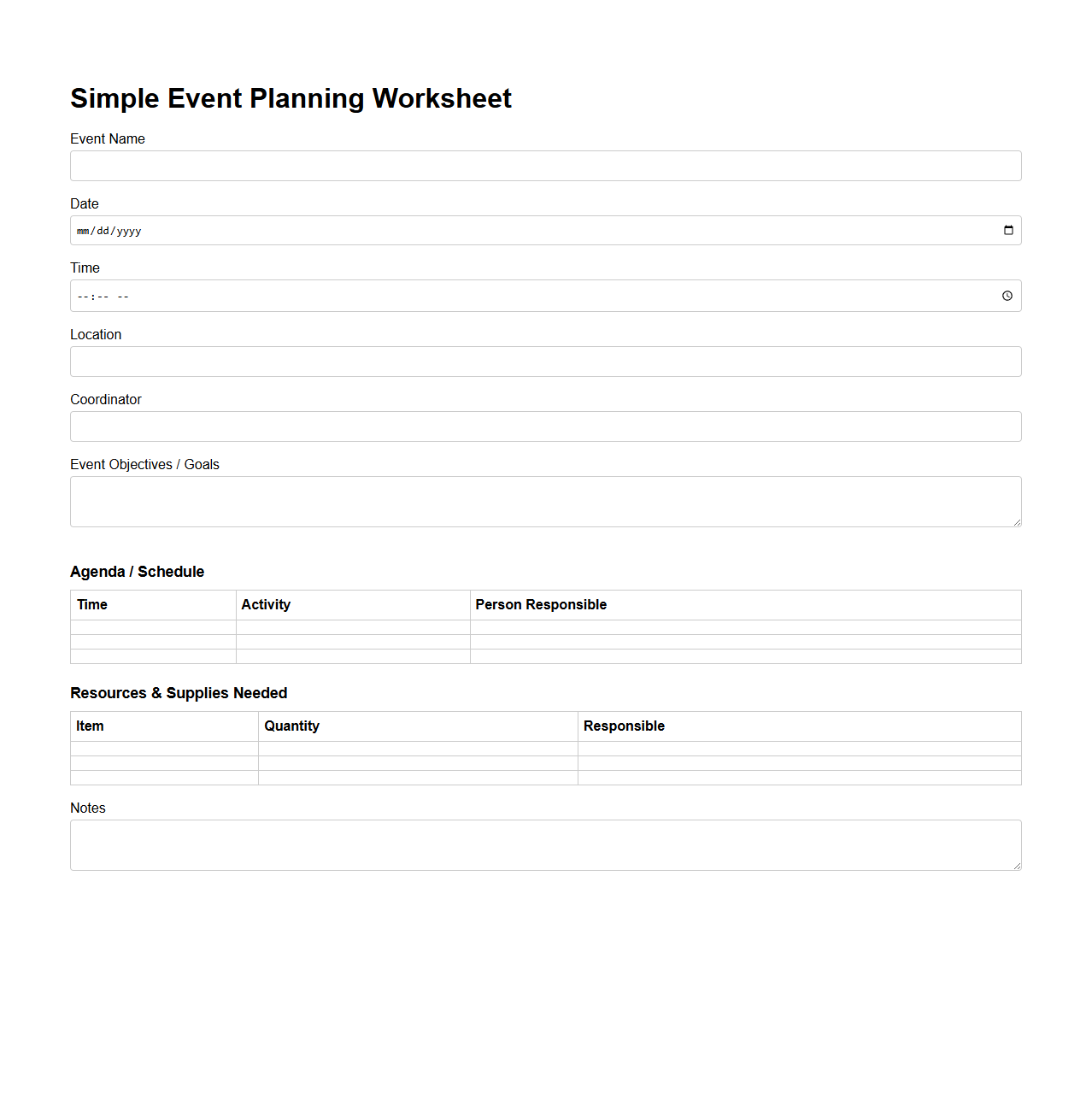 Simple Event Planning Worksheet for Coordinators