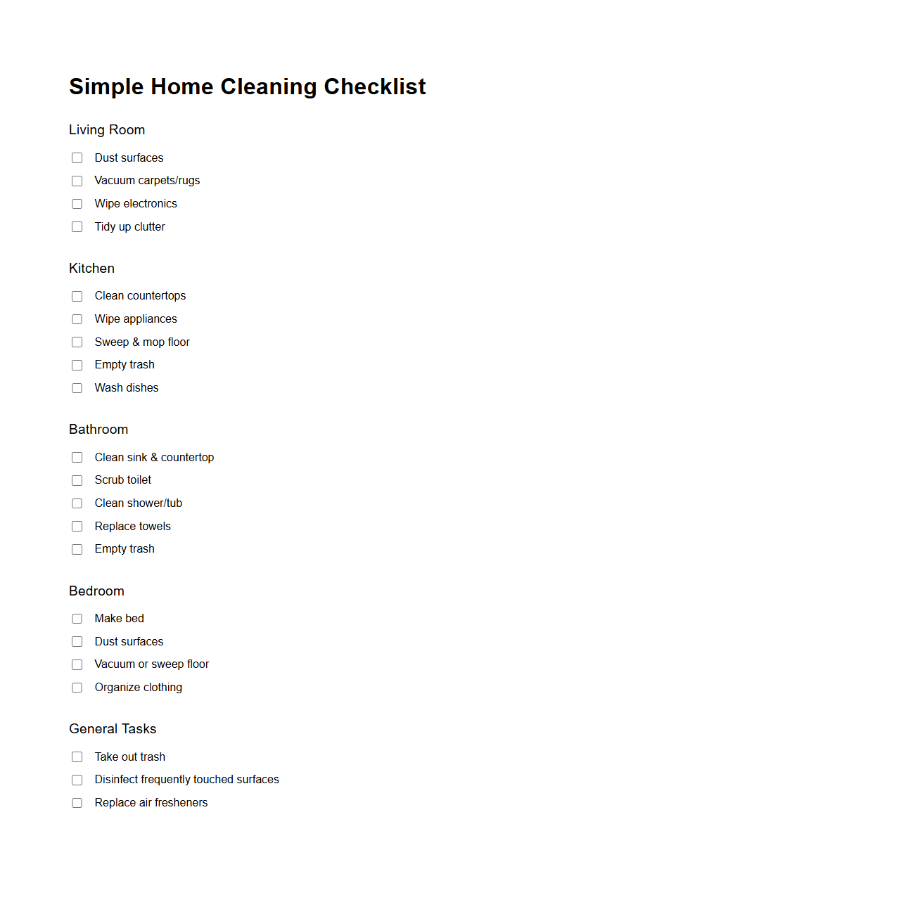 Simple Home Cleaning Checklist Template