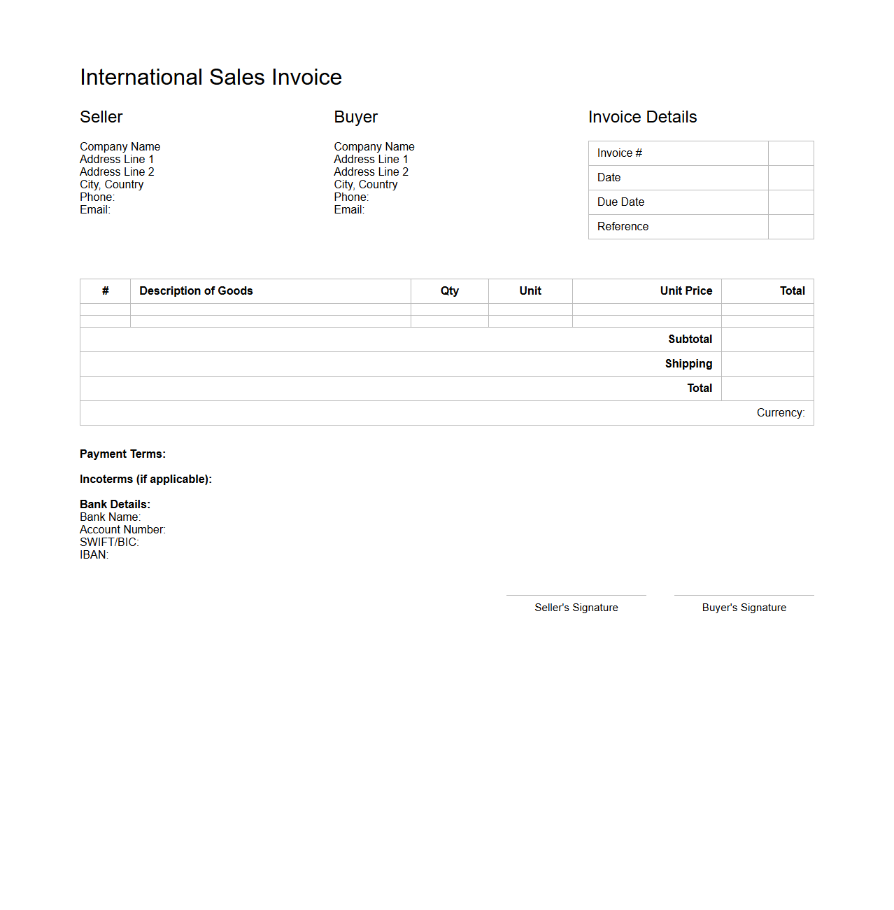 Simple International Sales Invoice Template