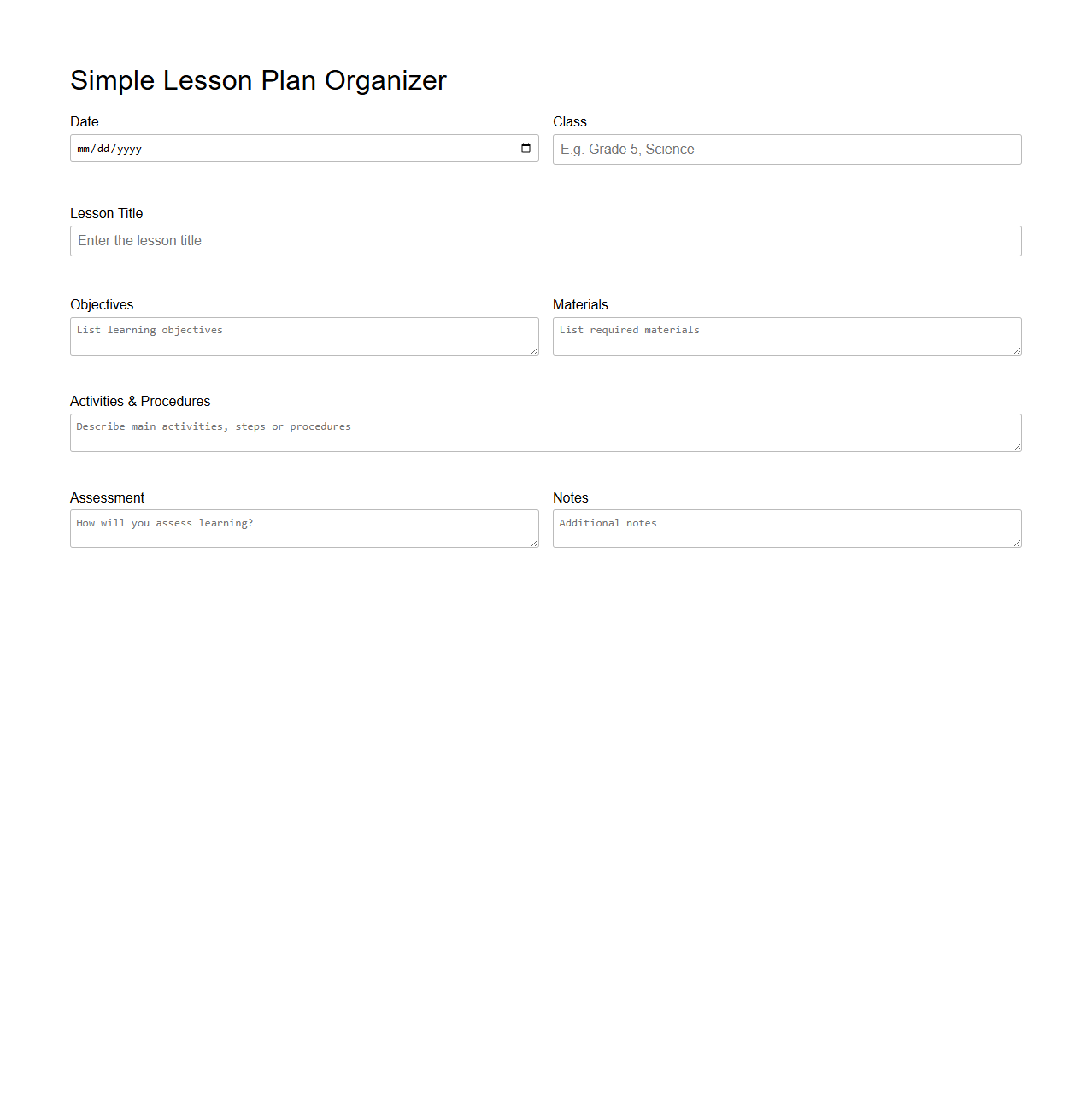 Simple Lesson Plan Organizer for Classrooms