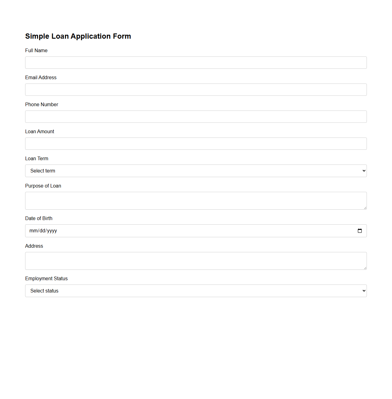 Simple Loan Application Form Template
