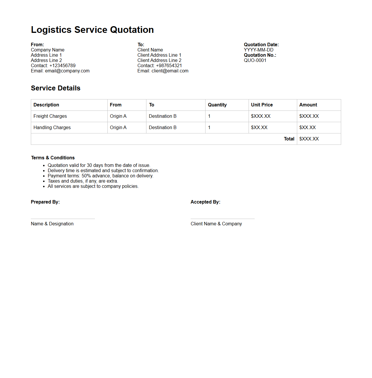 Simple Logistics Service Quotation Format