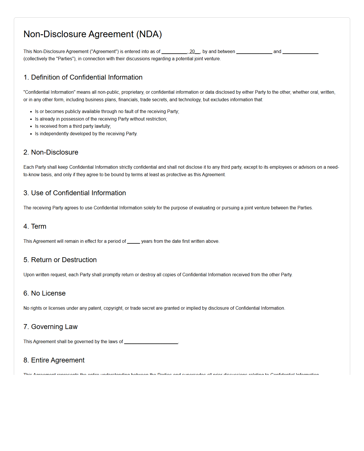 Simple NDA Template for Joint Ventures