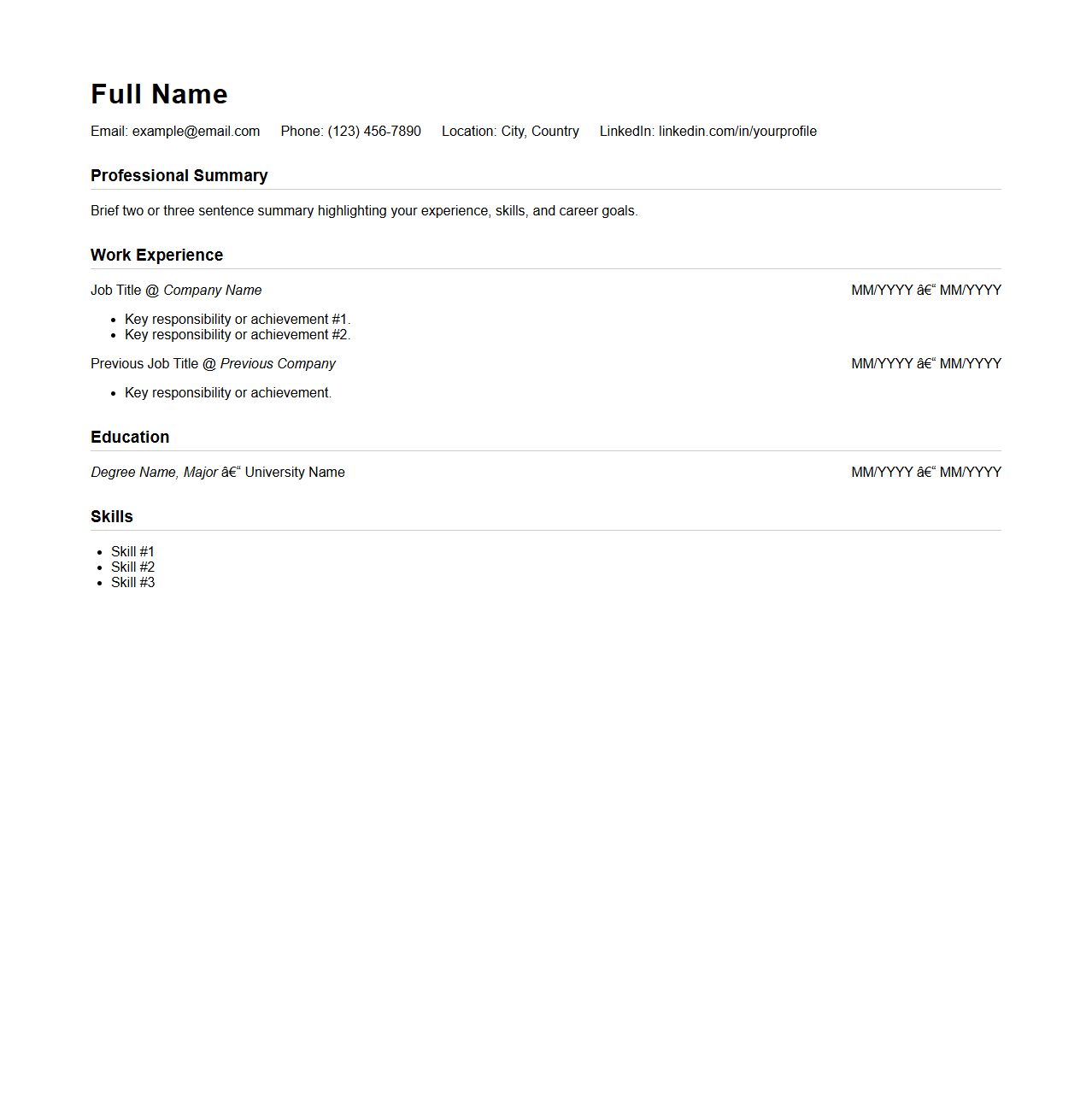 Simple Outline Resume Template for Professional Applications