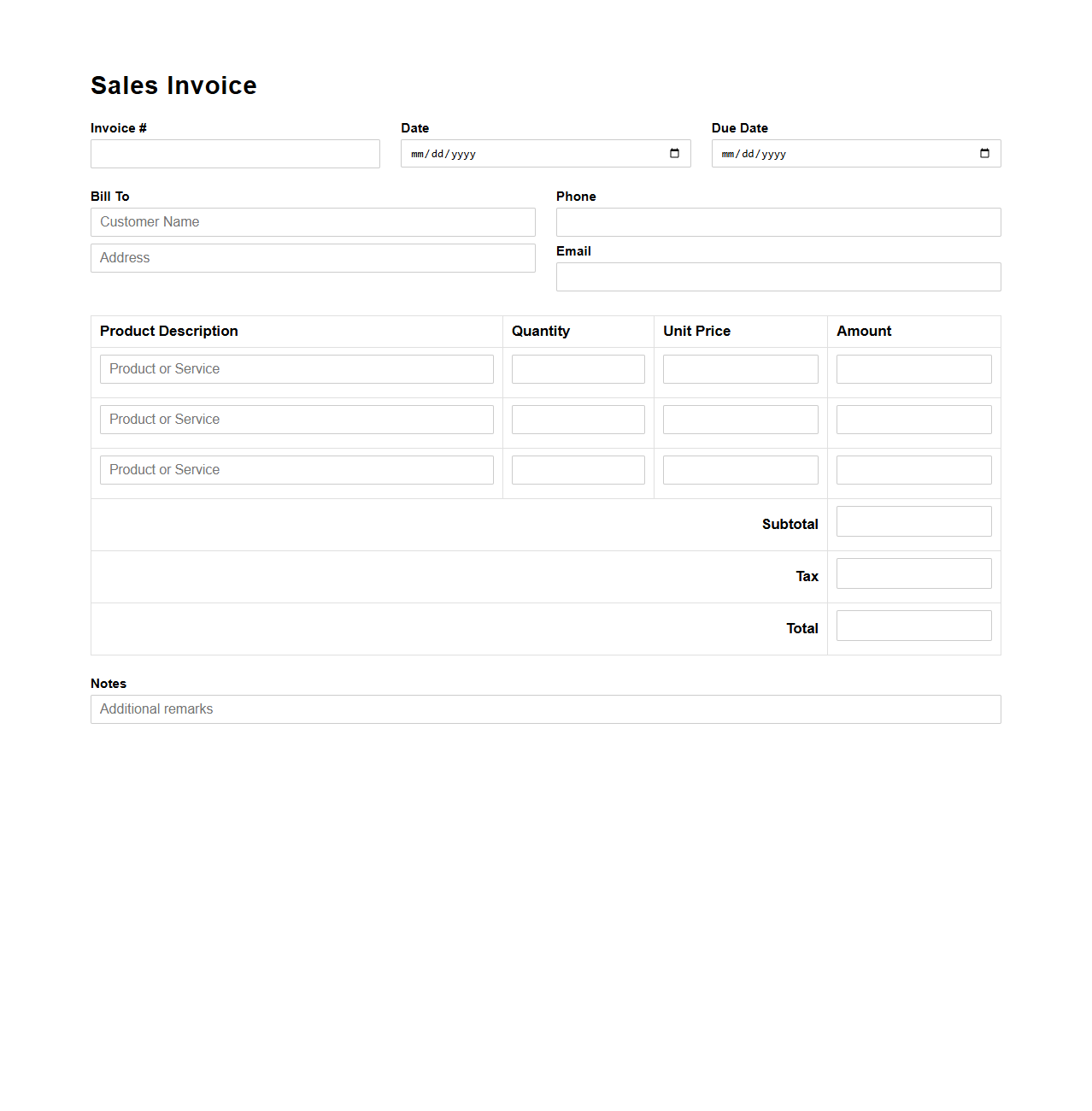 Simple Product Sales Invoice Form