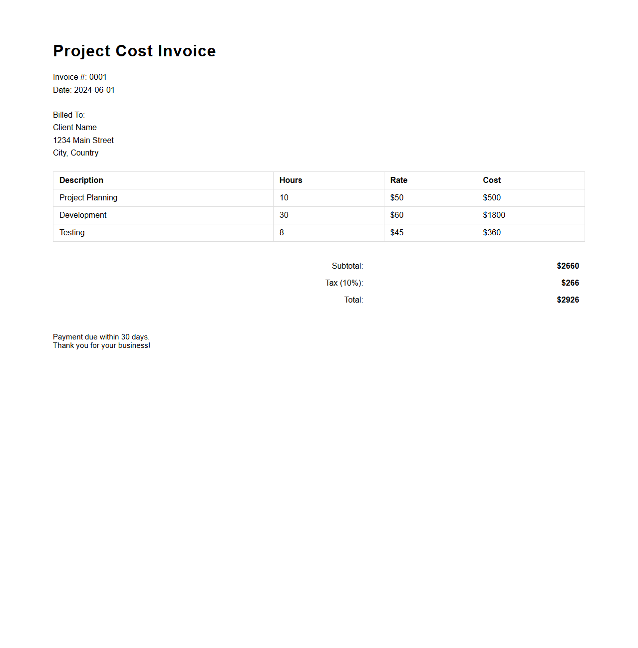 Simple Project Cost Invoice