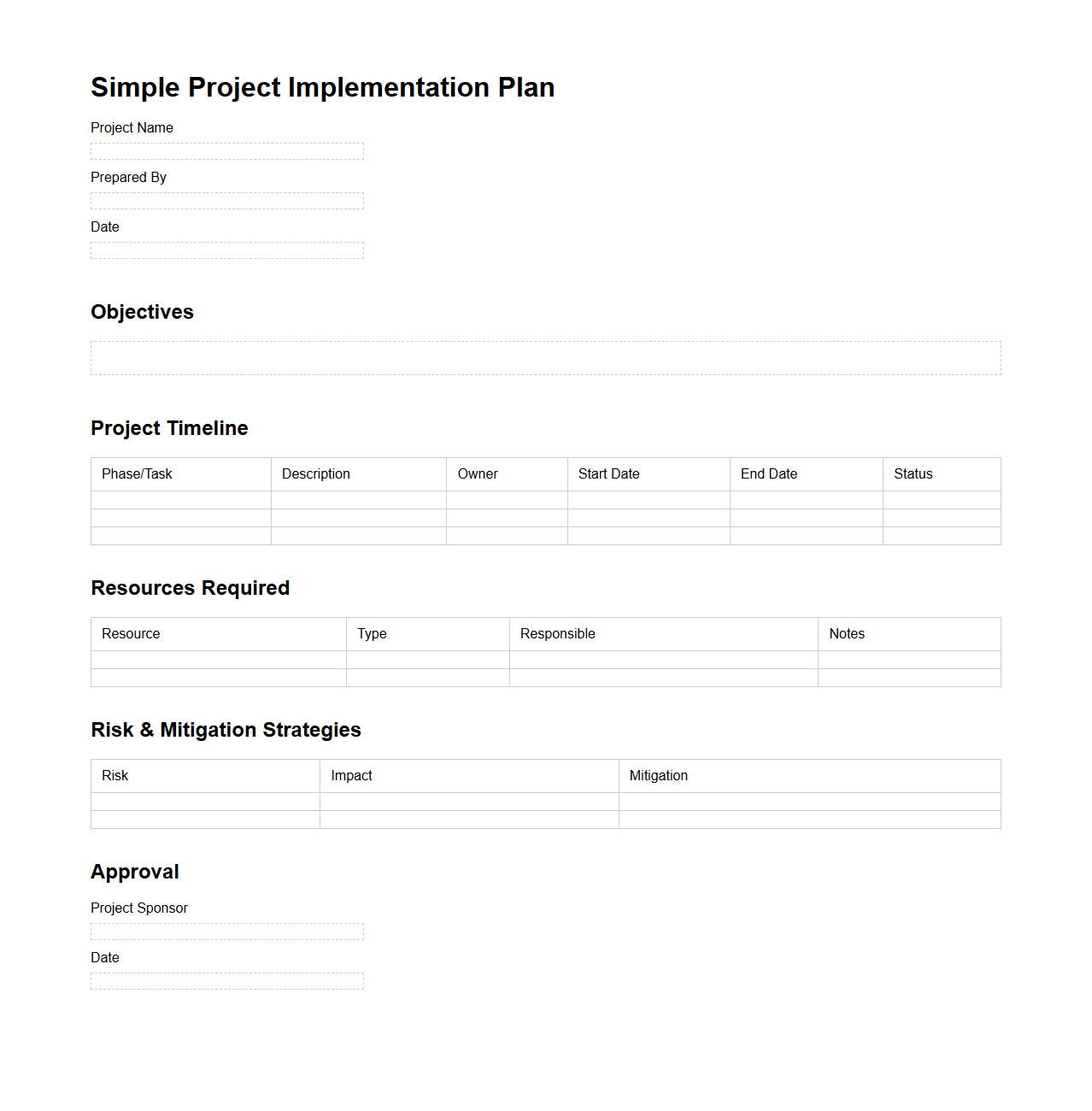 Simple Project Implementation Plan Template