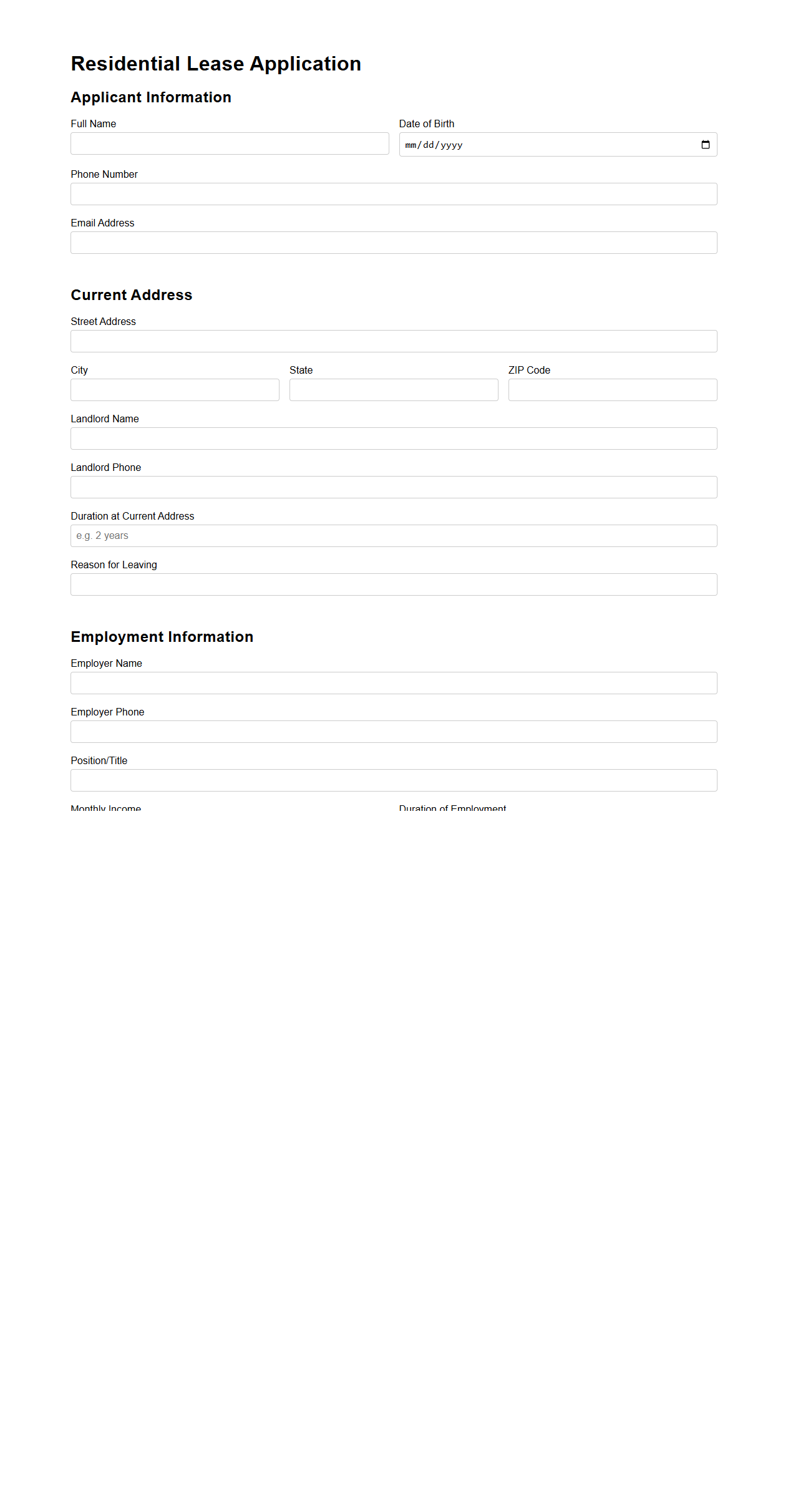 Simple Residential Lease Application Template
