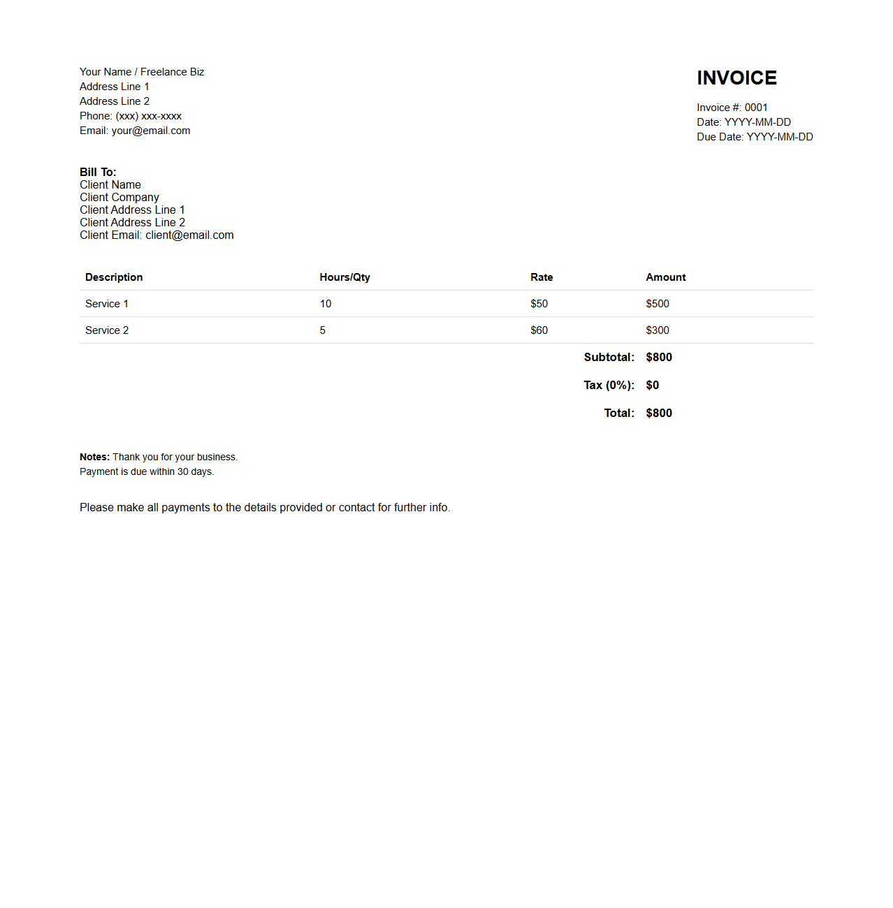 Simple Service Invoice Template for Freelancers