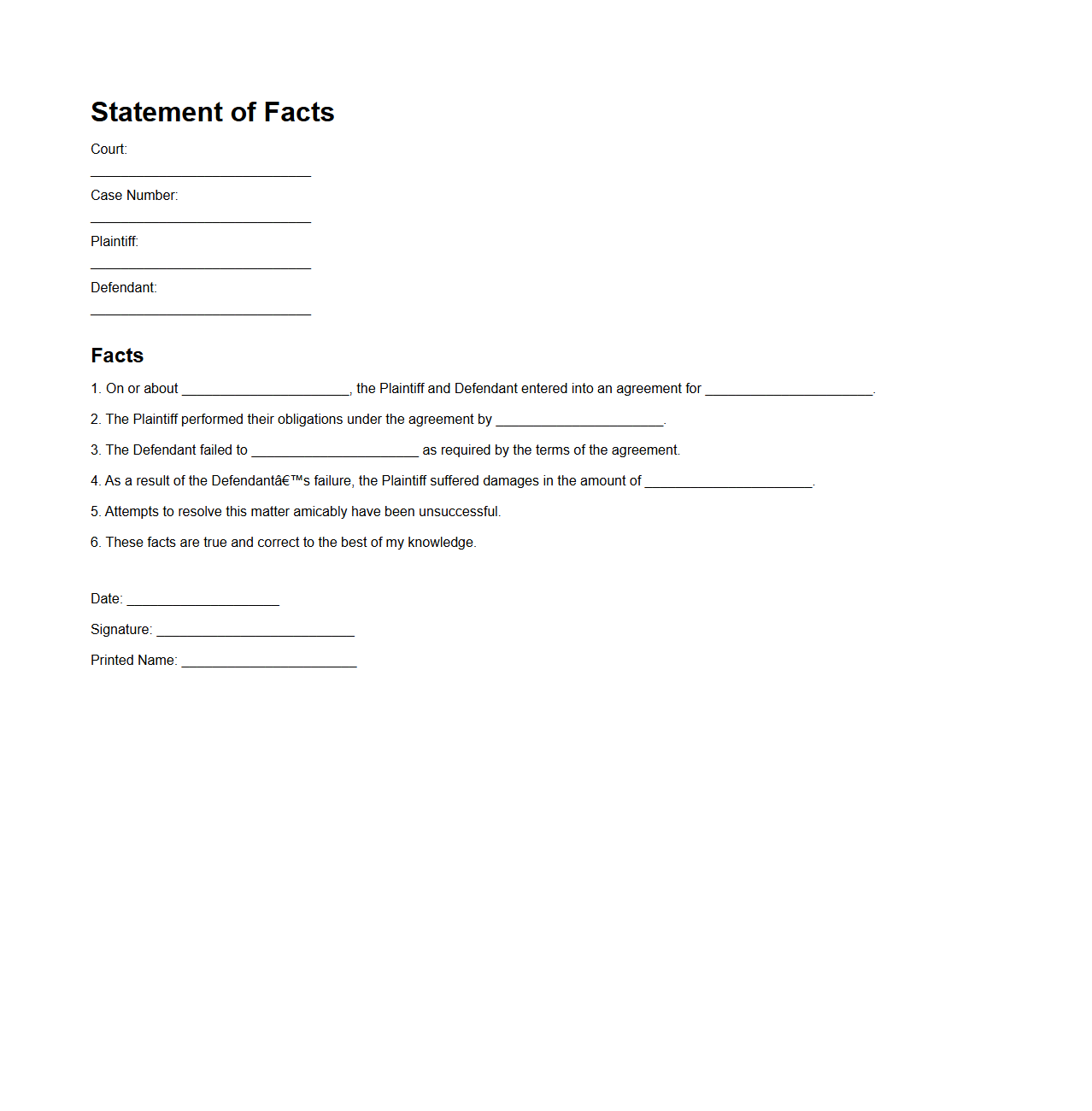 Simple Statement of Facts Example for Courts