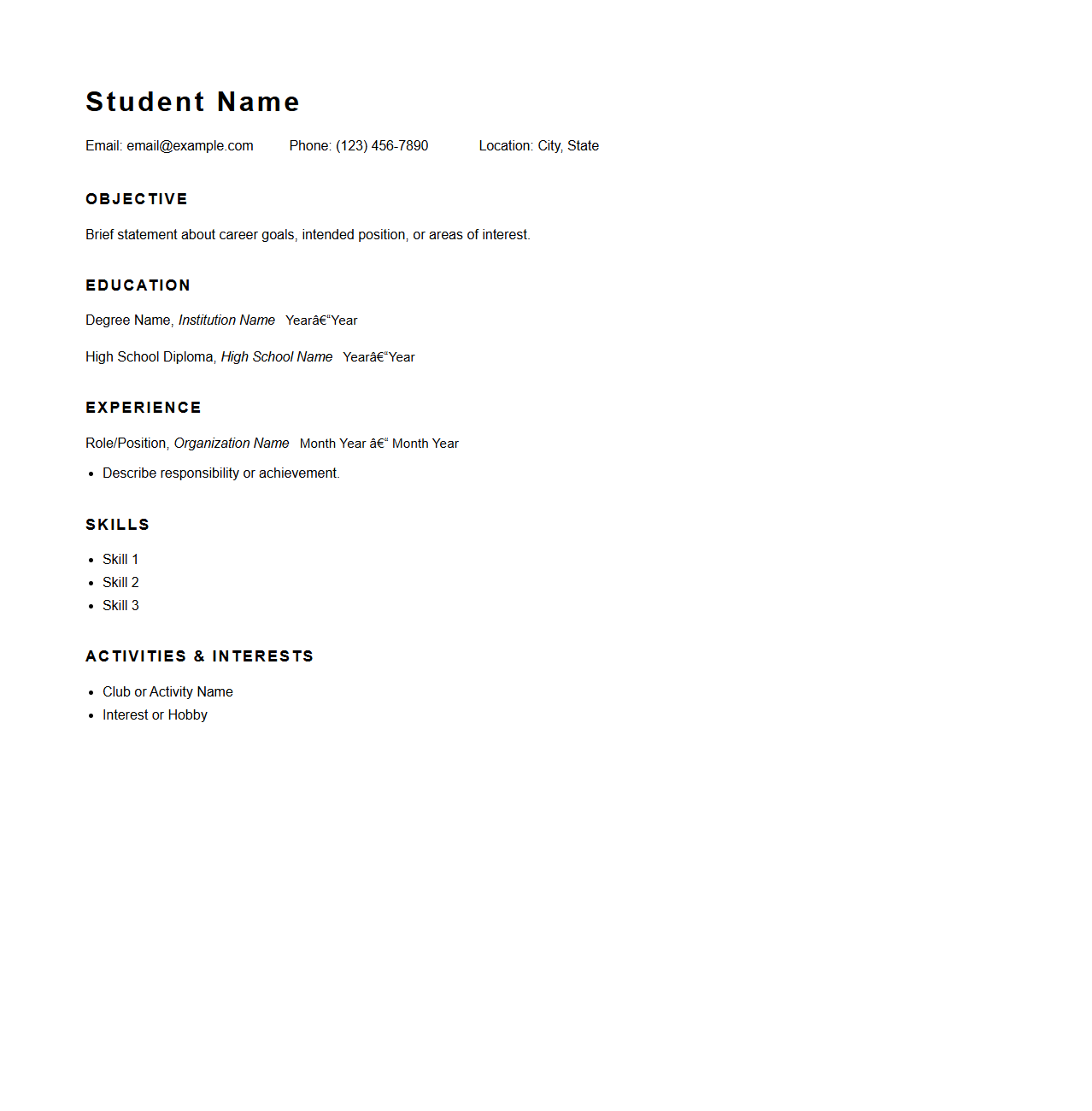 Simple Student Resume Format